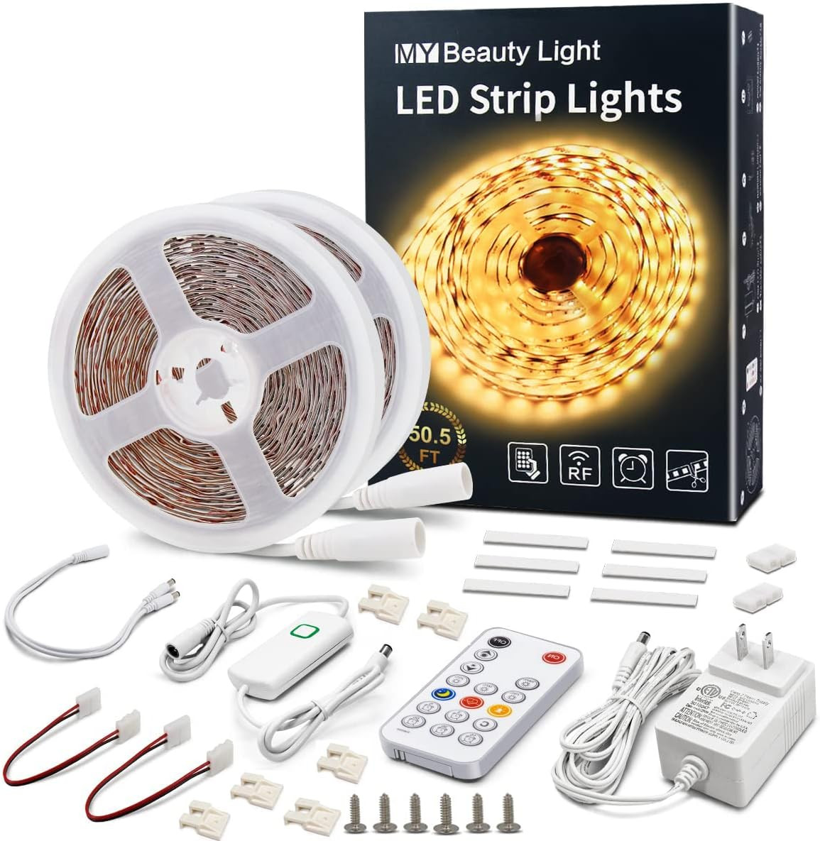 Dimmable 50.5Ft Warm White LED Strip Lights with RF Remote & Timer
