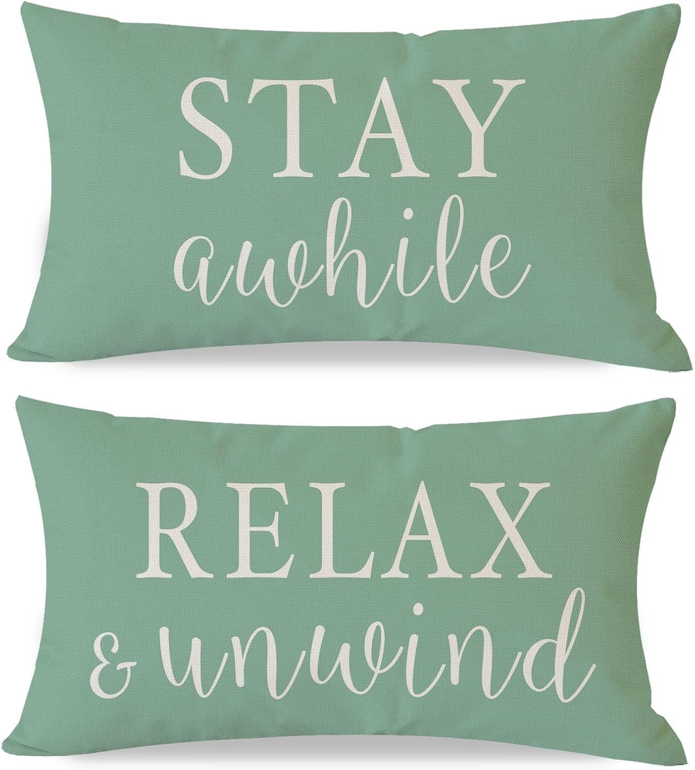 Set of 2 Farmhouse Decorative Pillow Covers - 12x20 Green for Indoor & Outdoor