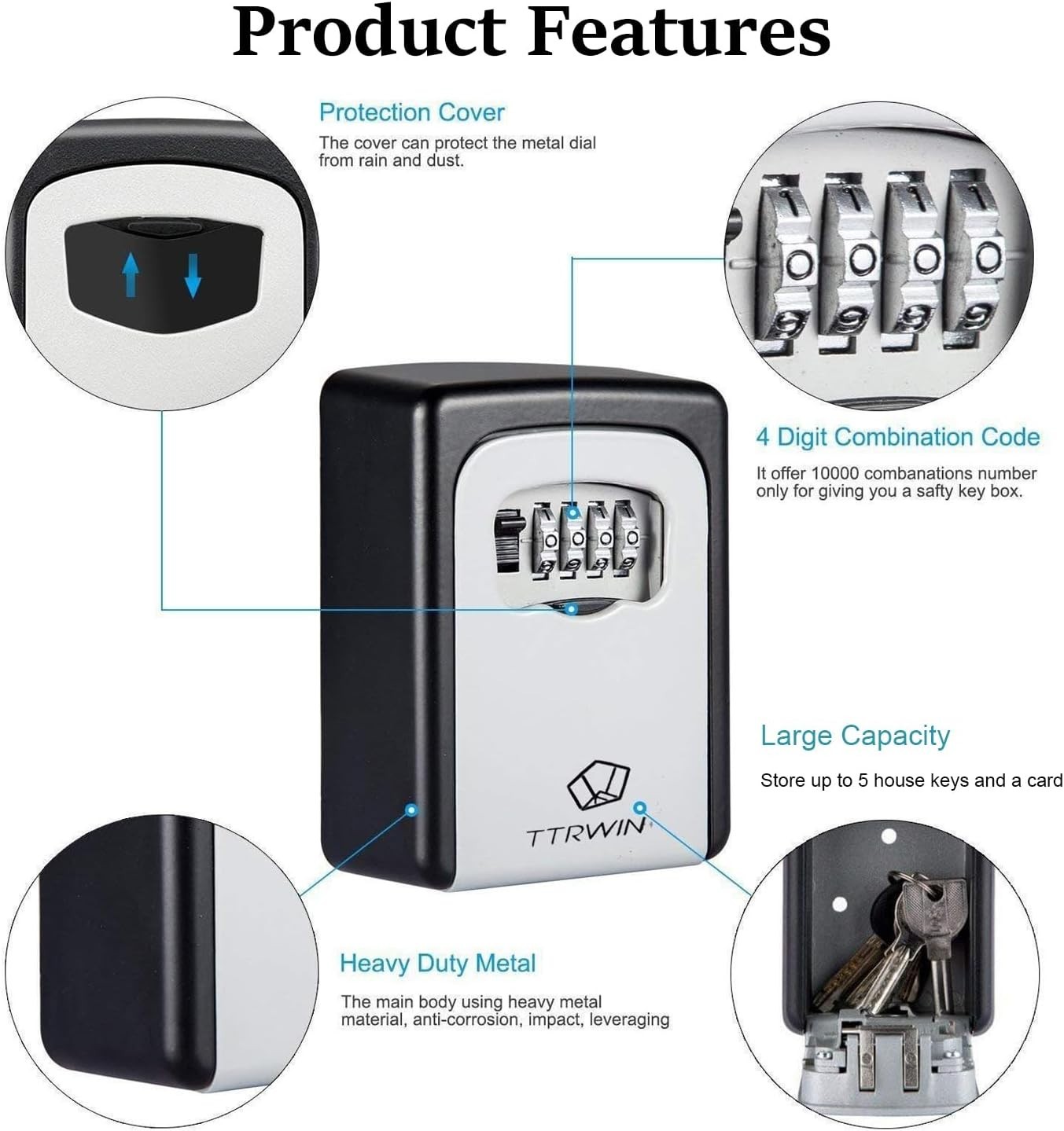 Key Lock Box for Outside, Resettable 4 Digit Combination Waterproof Lockbox