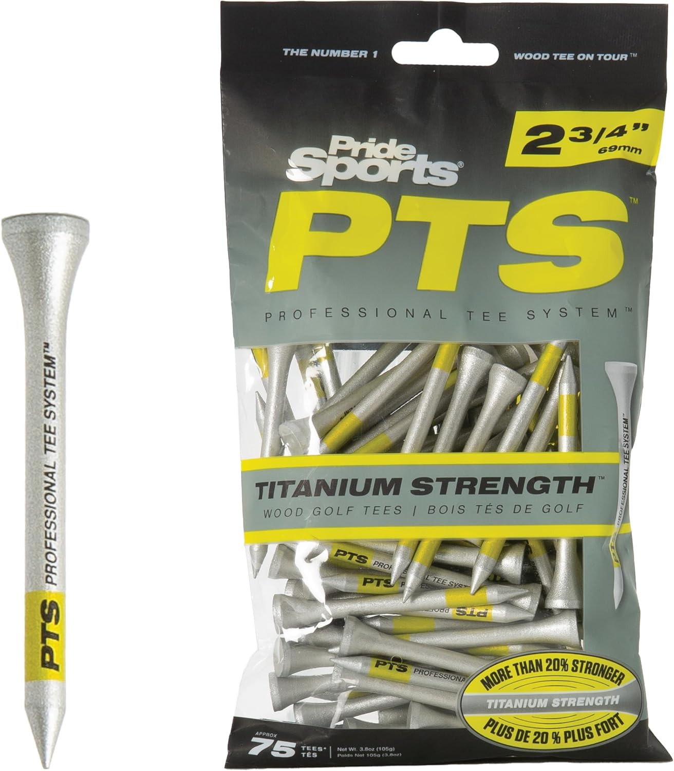 PTS Titanium Strength Wooden Golf Tees | 75 Count, 2-3/4 Inch | 8% Thicker Shaft