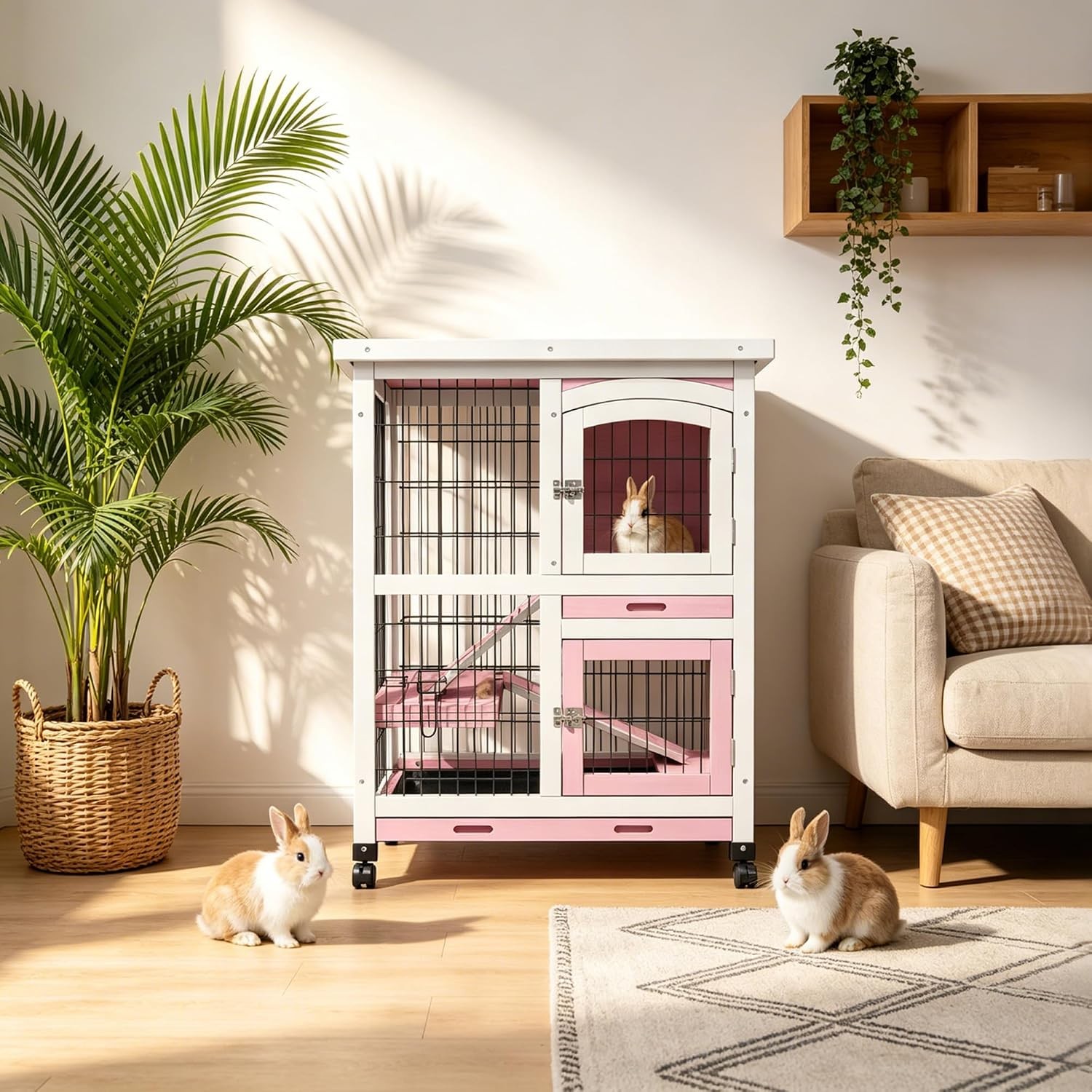 2-Story Pink Rabbit Cage Bunny Cage with Wheels and 2 Pull-Out Trays