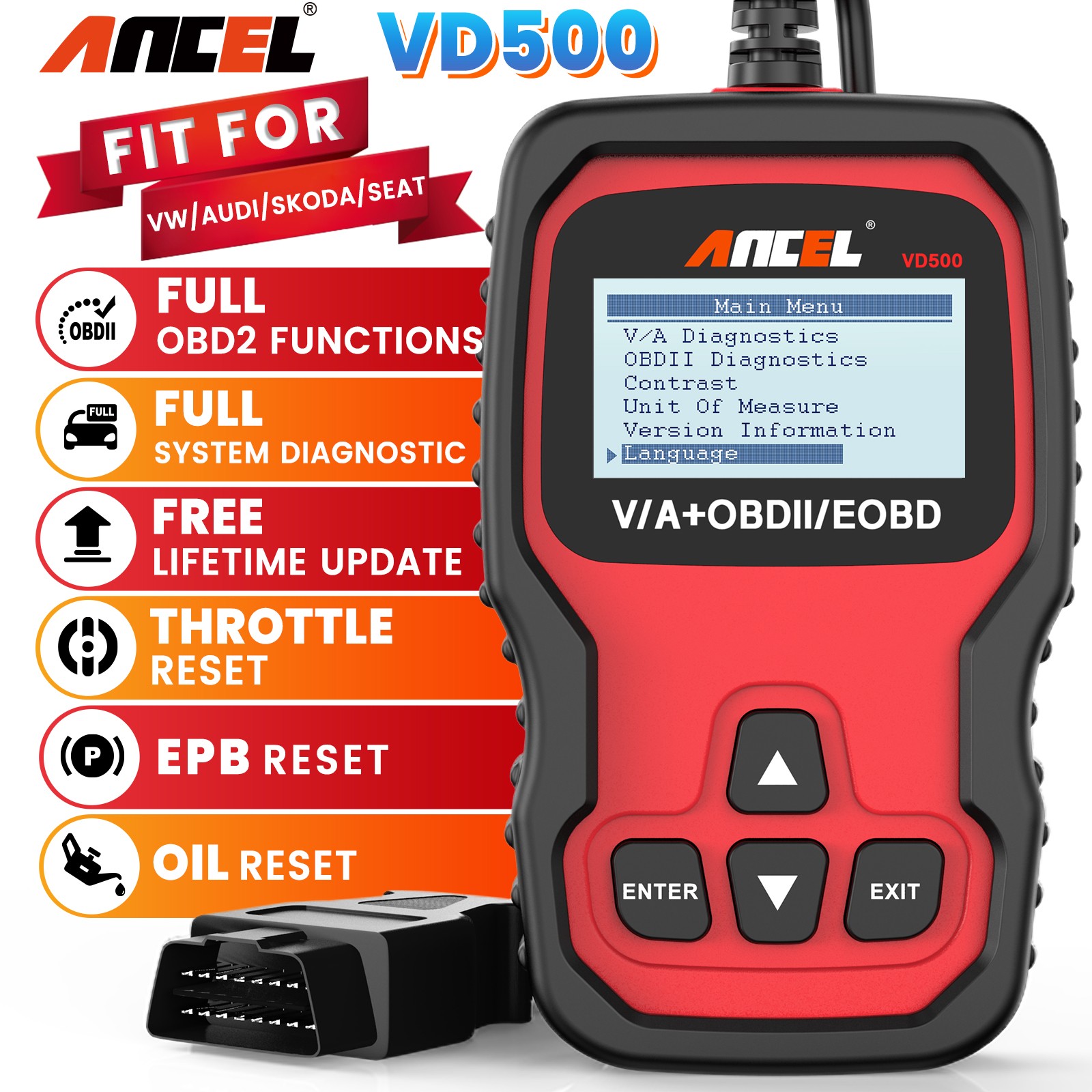 ANCEL VD500-US OBD2 Full System OBD2 Scanner Car Diagnostic Tool For Audi Skoda