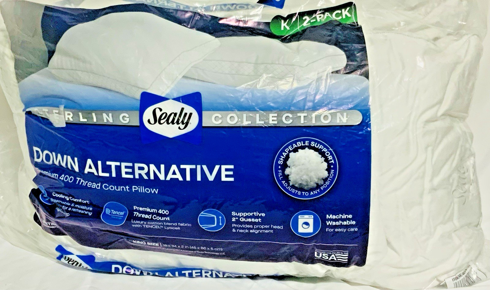 Sealy Sterling Collection 400 TC Down-Alternative Pillow, 2-Pack, White King