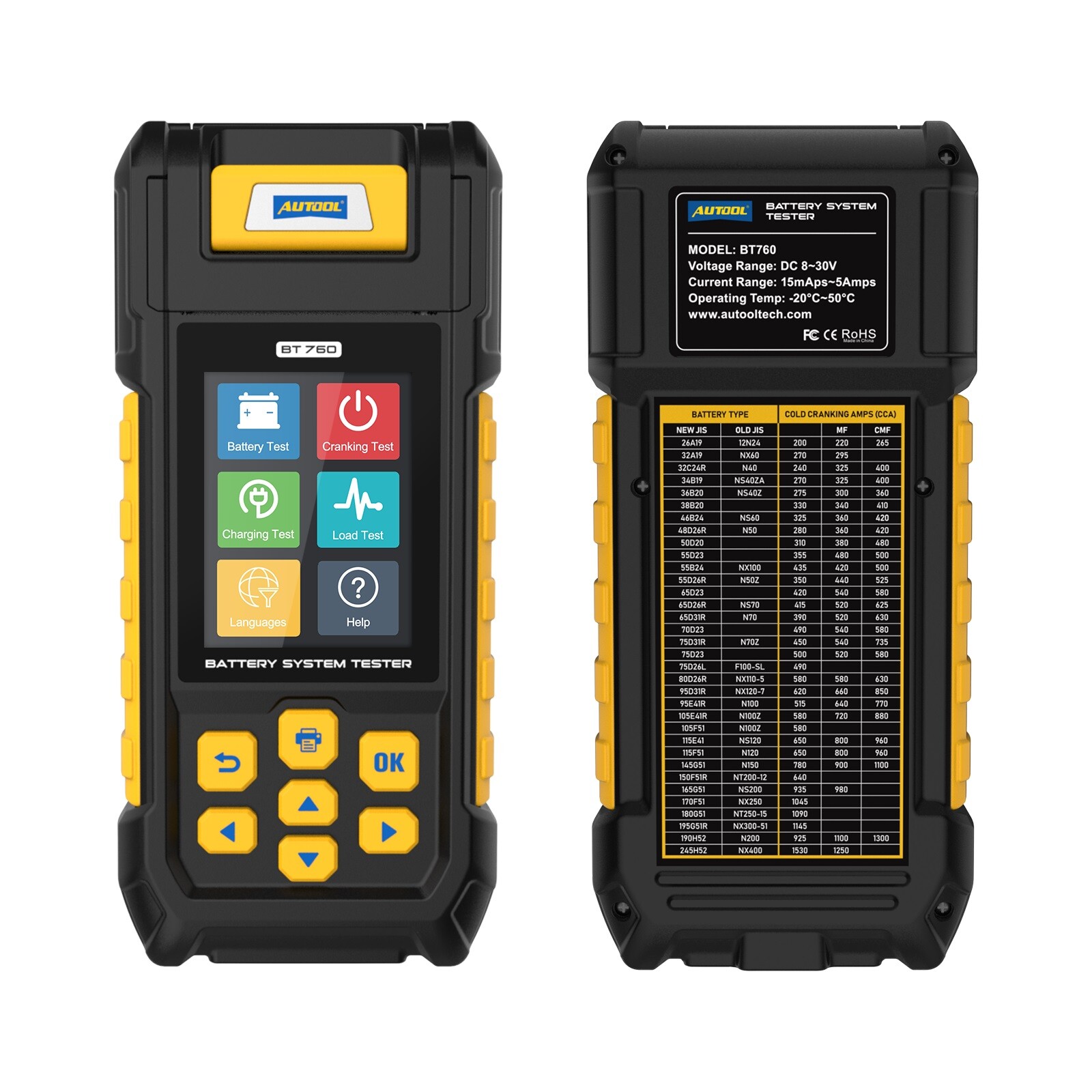 AUTOOL BT760 Battery Tester Load Charging Cranking Analyzer With Printer 8V~32V