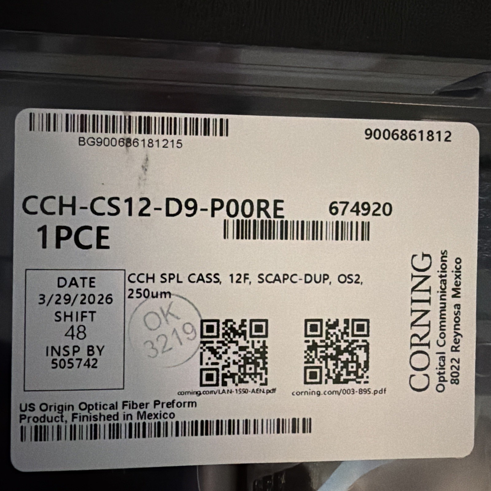 Corning CCH-CS12-D9-P00RE Splice Cassette -NEW