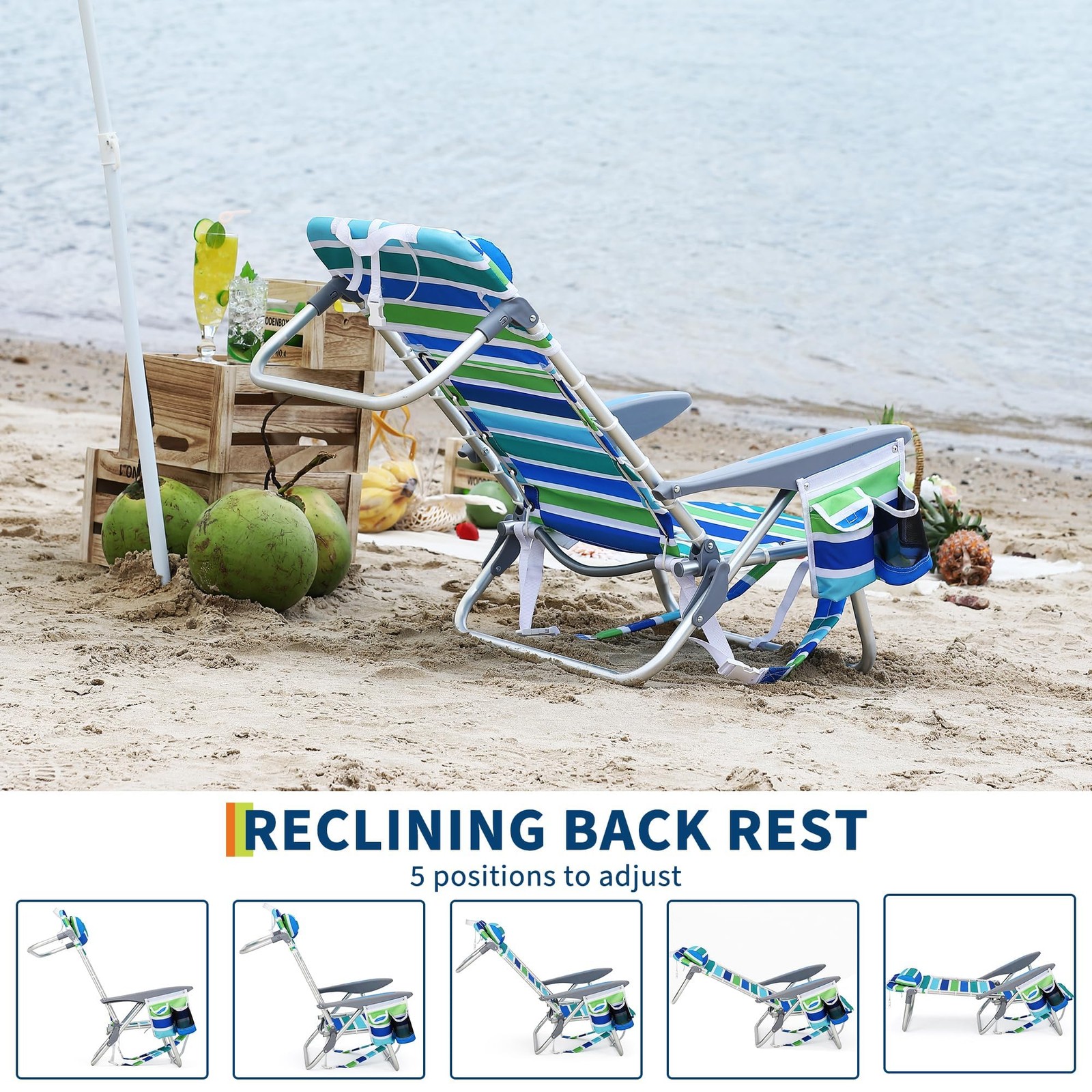 Portable Reclining Backpack Beach Chair for Adults Folding Outdoor Lounge Chair