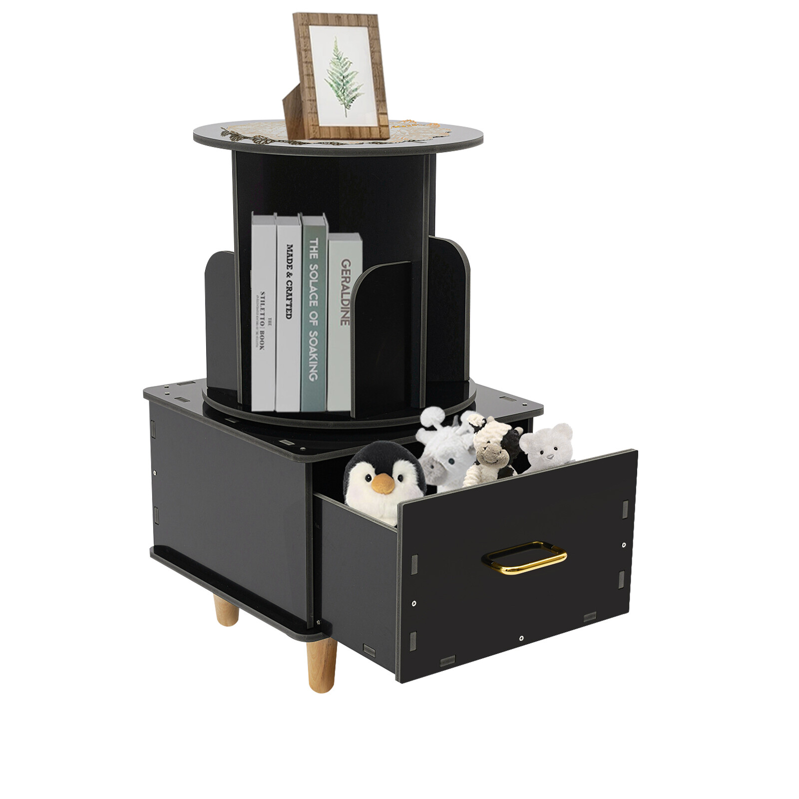Modern Bedside Table with Drawer Corner High End Table Black Rotating Bookshelf