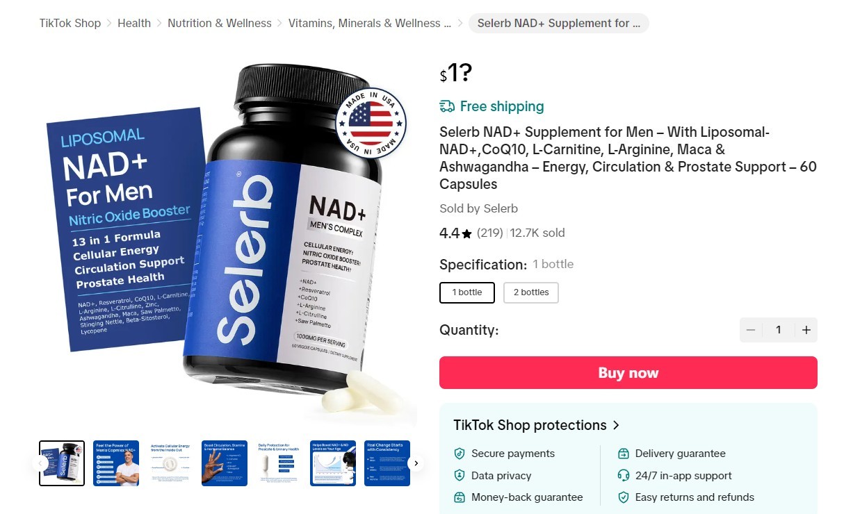 Selerb NAD+ Supplement for Men - With Liposomal-NAD+,CoQ10, L-Carnitine
