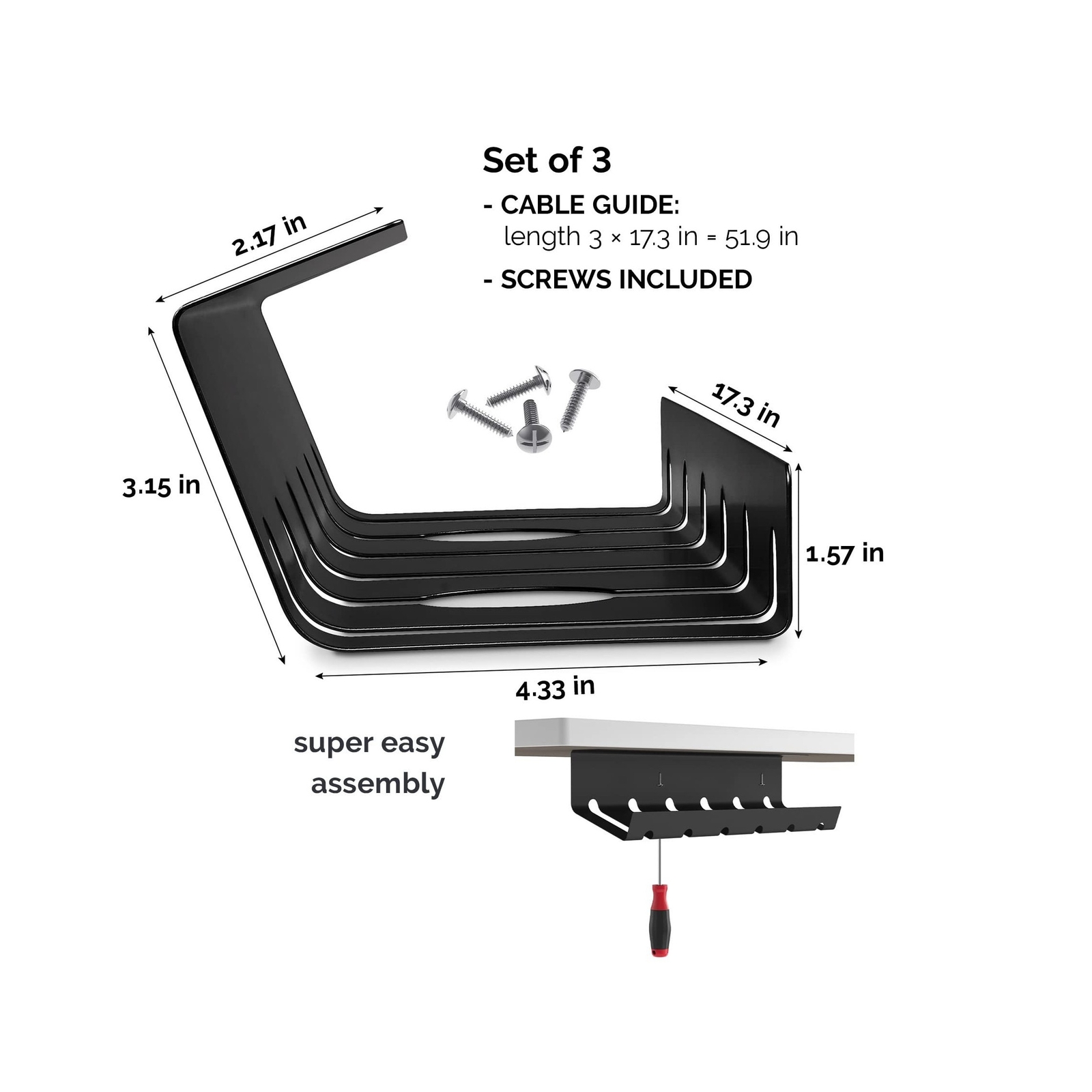 PAMO Cable Management Under Desk for Easy mounting Under-Table I Set of 3 - w...