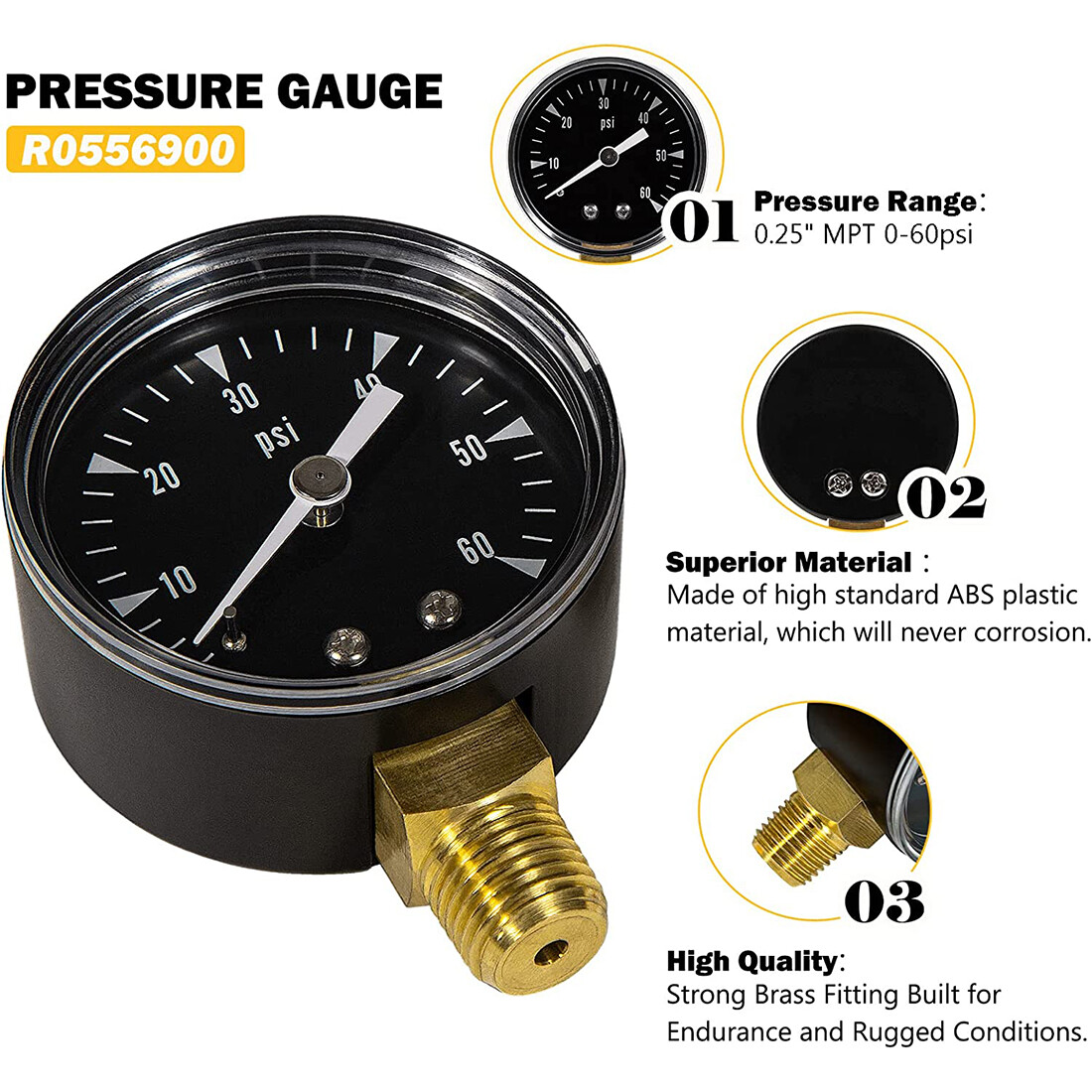0-60 PSI Pressure Gauge R0556900 0.25" MPT for Zodiac Jandy CS CJ Series CS100