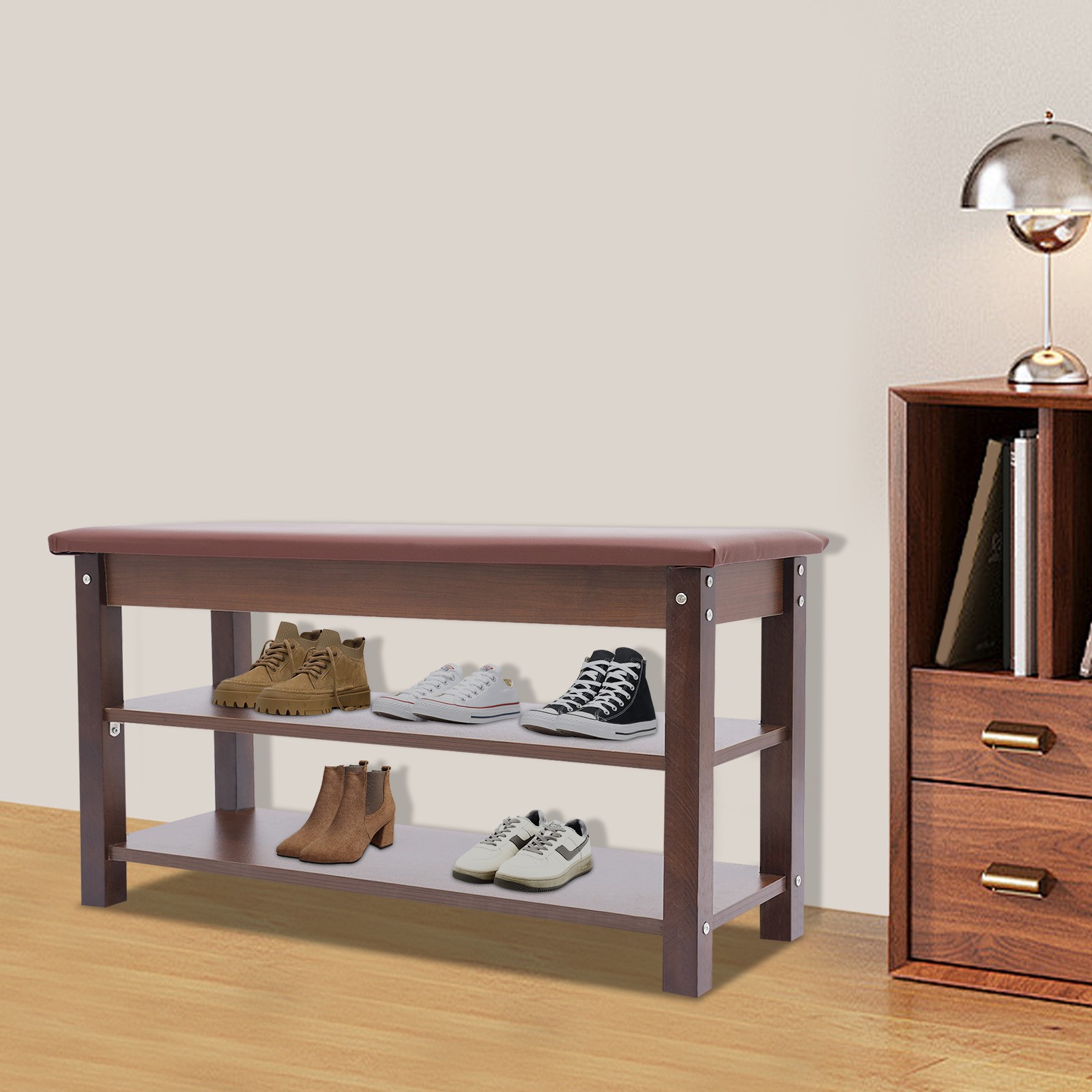 Shoe Bench with Storage Shelf, 2-Tier Footwear Rack with Cushion Padded Seat