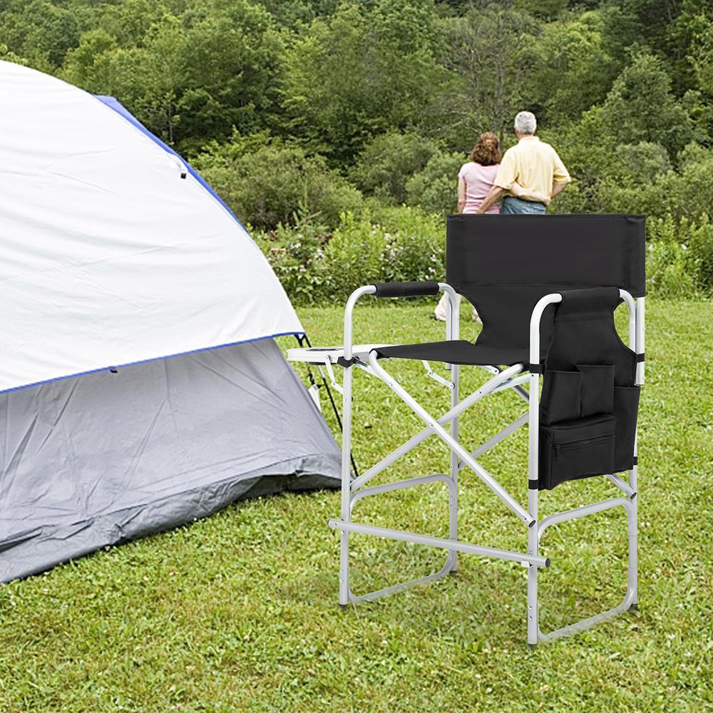 Tall Directors Chair Black Aluminum Folding Chair Outdoor Indoor With Cup Holder