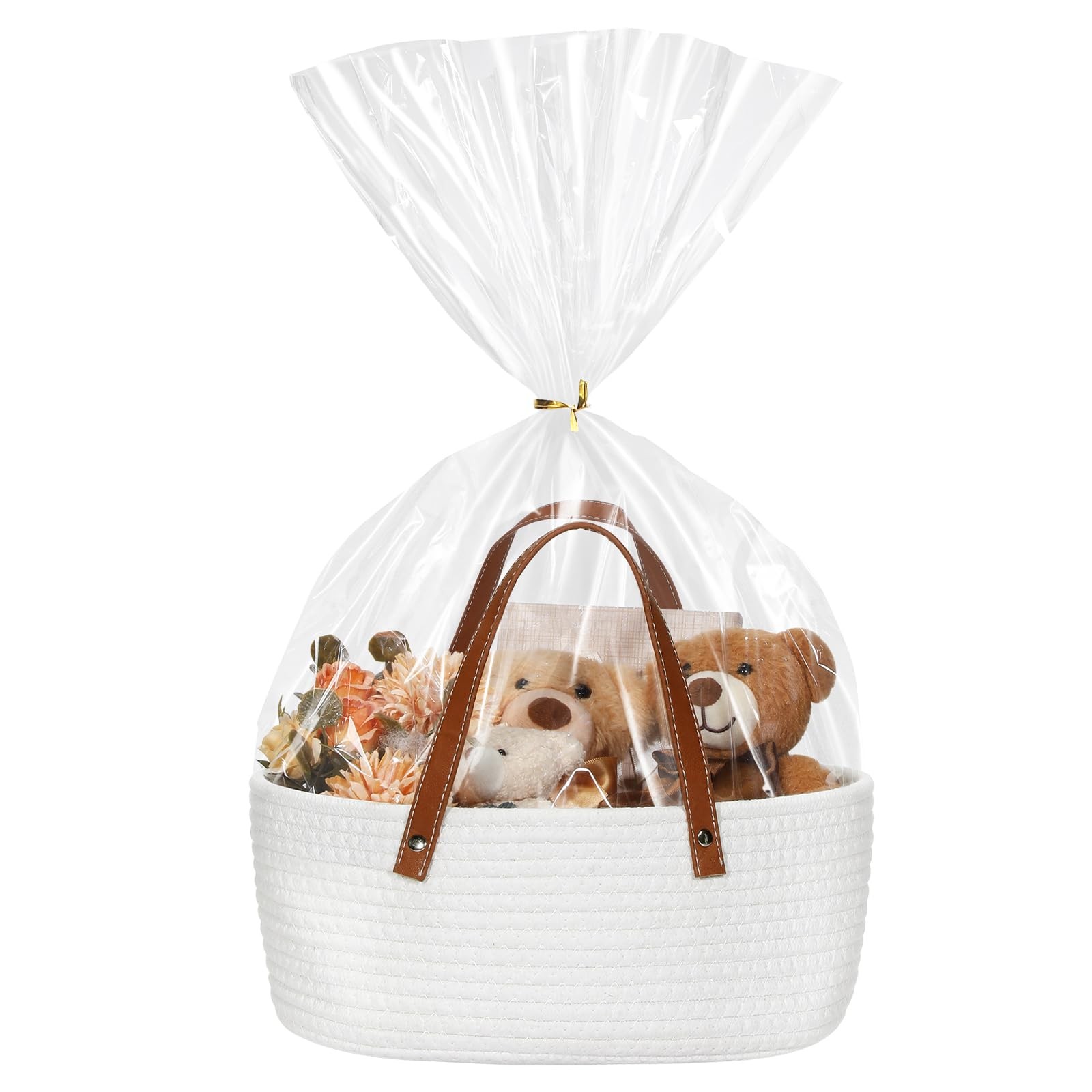Empty Woven Gift Basket with PU Leather Handle and Bags 12" x 8" x 5"Cotton R...