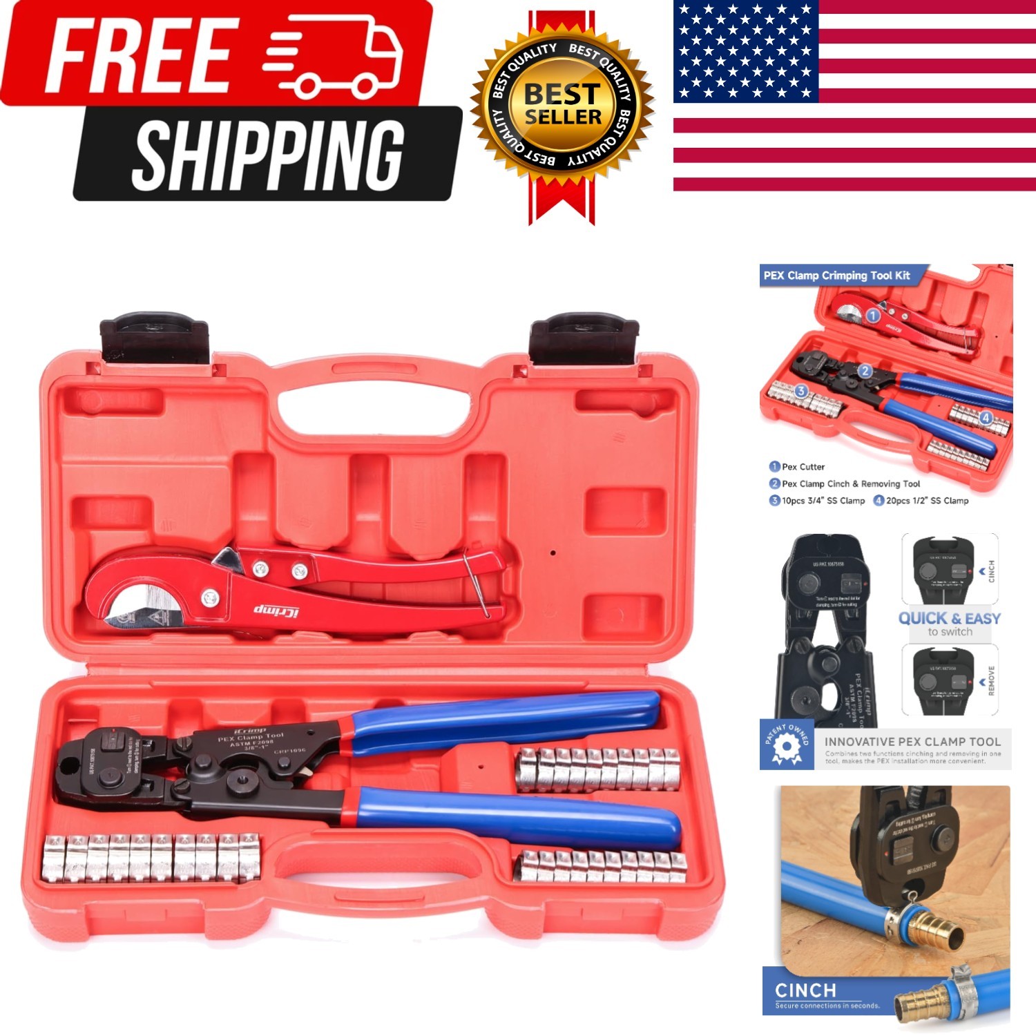 Ratchet PEX Cinch Tool with Removing Function for 3/8-in, 1/2-in, 3/4-in, 1-i...