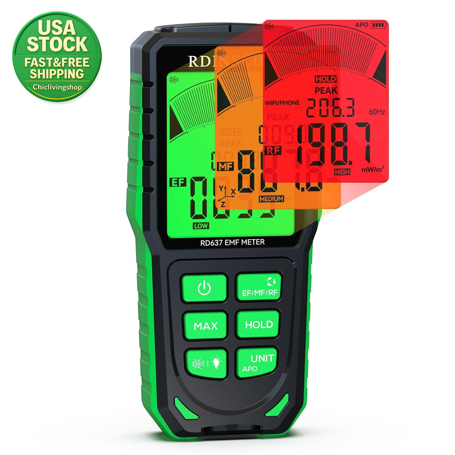 EMF Detector 3-In-1 Electromagnetic Radiation Meter for Home Office Green