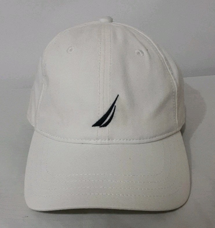 Nautical White Hat Cap w Navy Logo on Front Cotton Strap Buckle