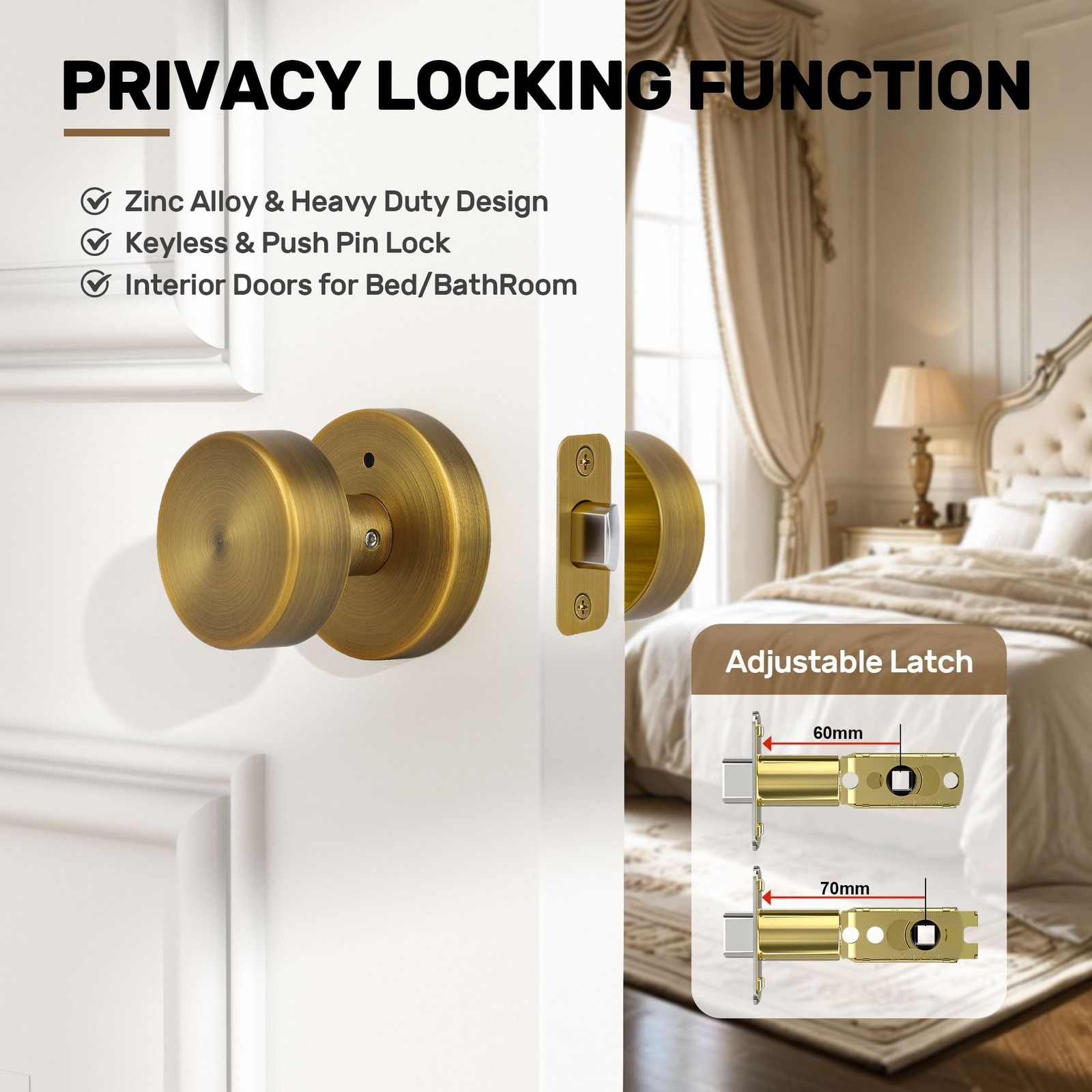 Antique Brass Privacy Door Knobs Interior with Lock, Old Style Round Door Kno...