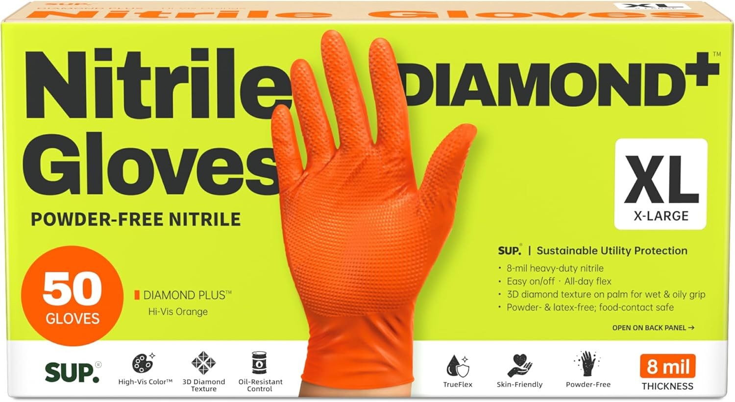 Orange 8 Mil Nitrile Gloves Diamond Textured Heavy Duty Chemical Resistant 50 Ct