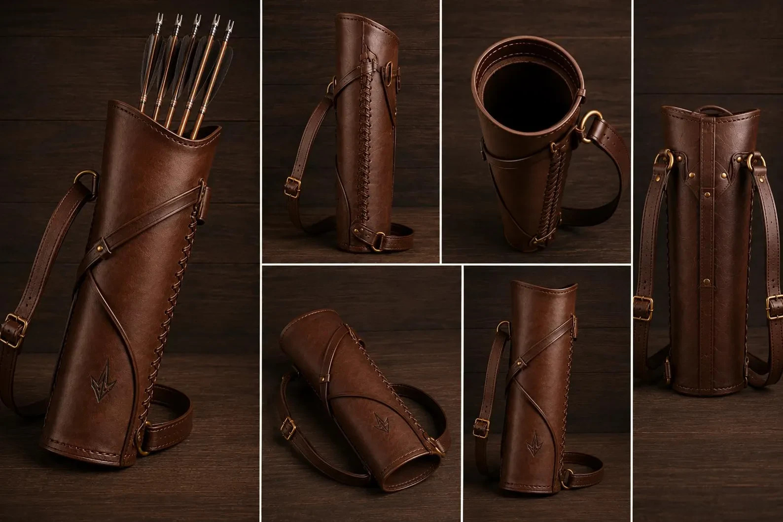 Handmade Brown Leather Archery Quiver Adjustable Shoulder Strap Traditional