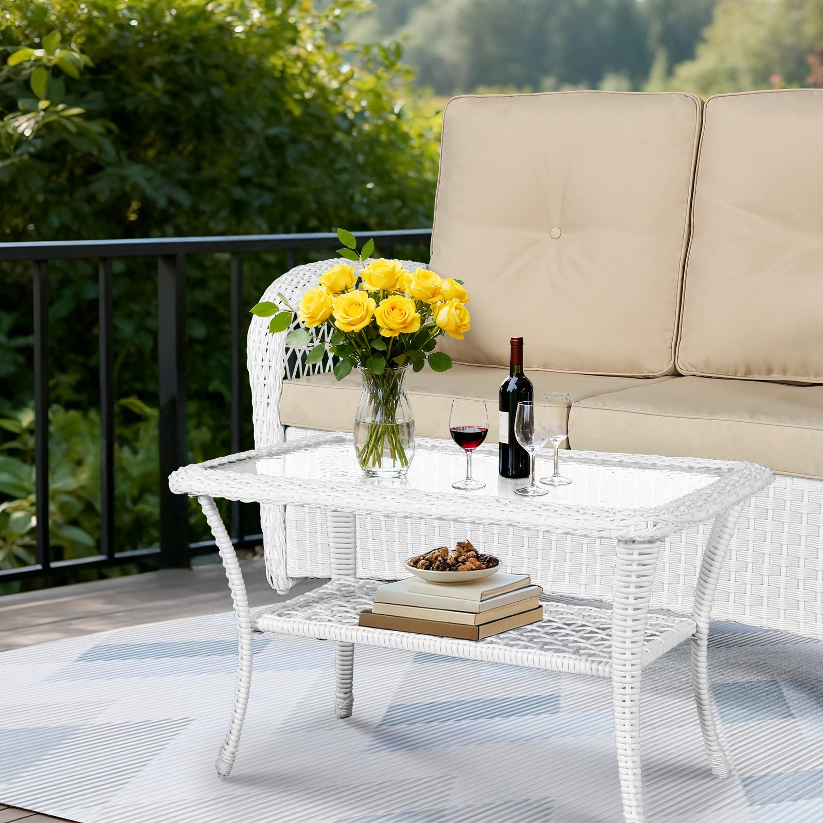 Outdoor Side Table Small Patio End Table Coffee Table with Tempered Glass Top