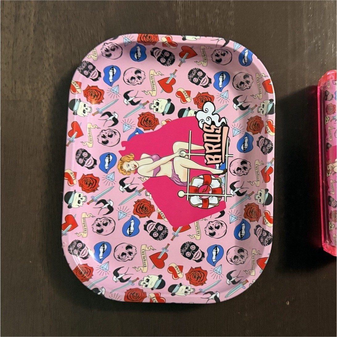 Pink Rolling Tray and Roller Set with Cartoon Tattoo Design