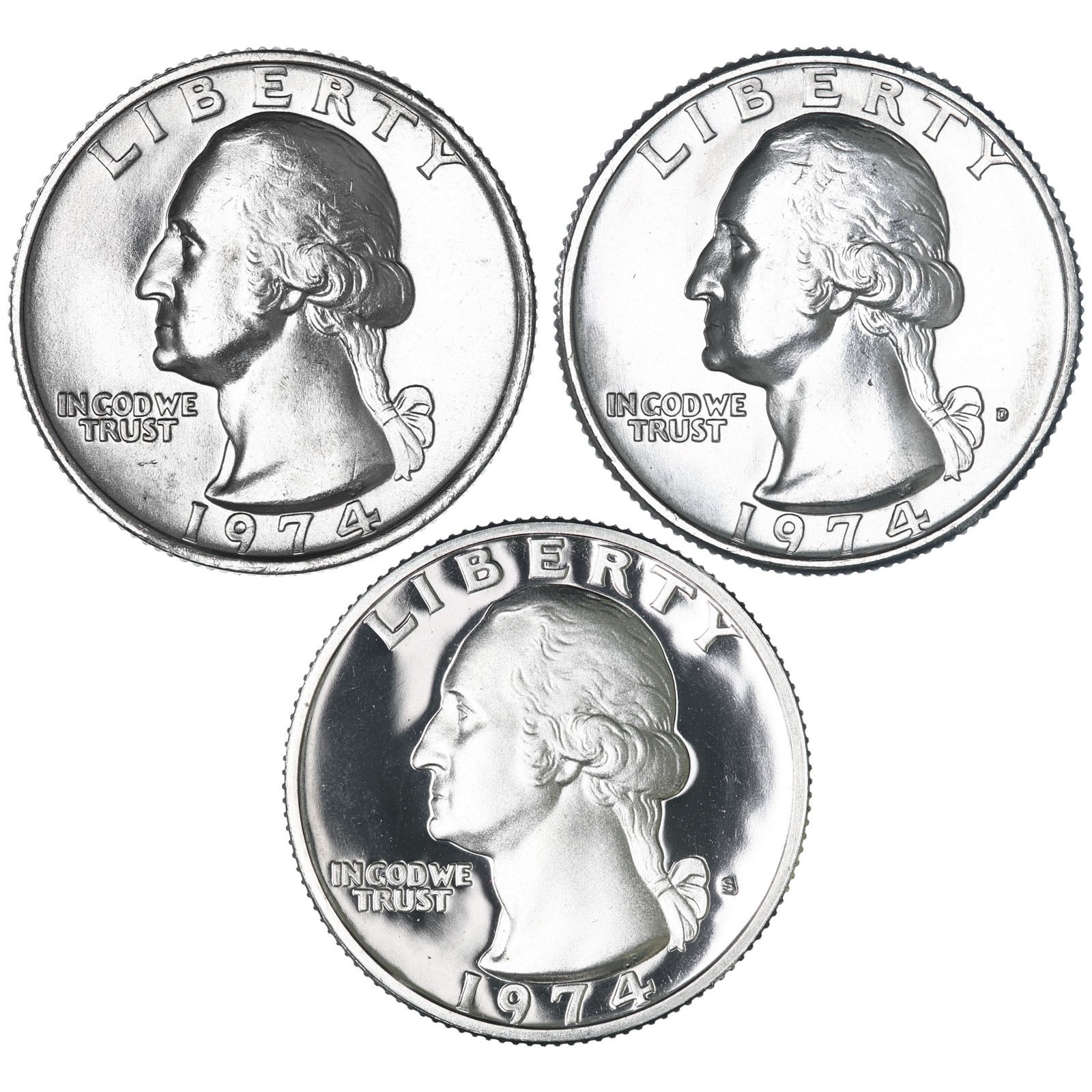 1974 P D S Washington Quarters CN-Clad BU & Gem Proof 3 Coin Year Set
