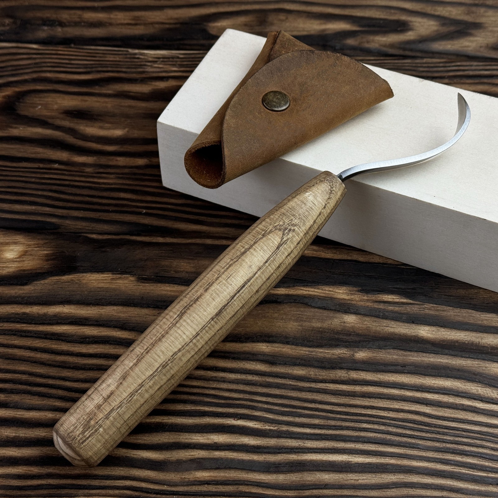 Long Hook Knife Hand-Forged with Leather Sheath 52100 Carbon Steel Blade Carver.