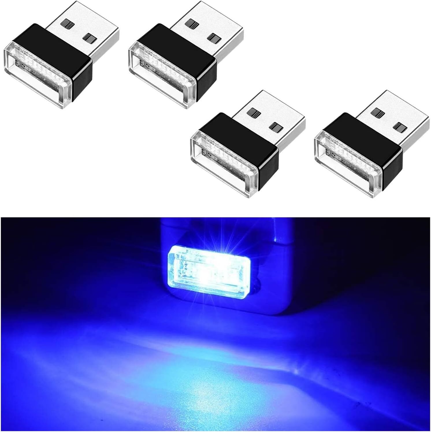 Ziciner 4 PCS USB LED Car Interior Atmosphere Lamp, Portable Mini Blue