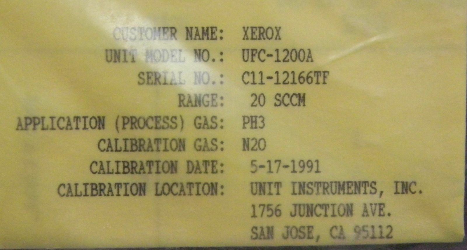 Unit UFC-1200A, Mass Flow Controller, Gas- PH3, Range- 20 SCCM, 1/4" M I/O