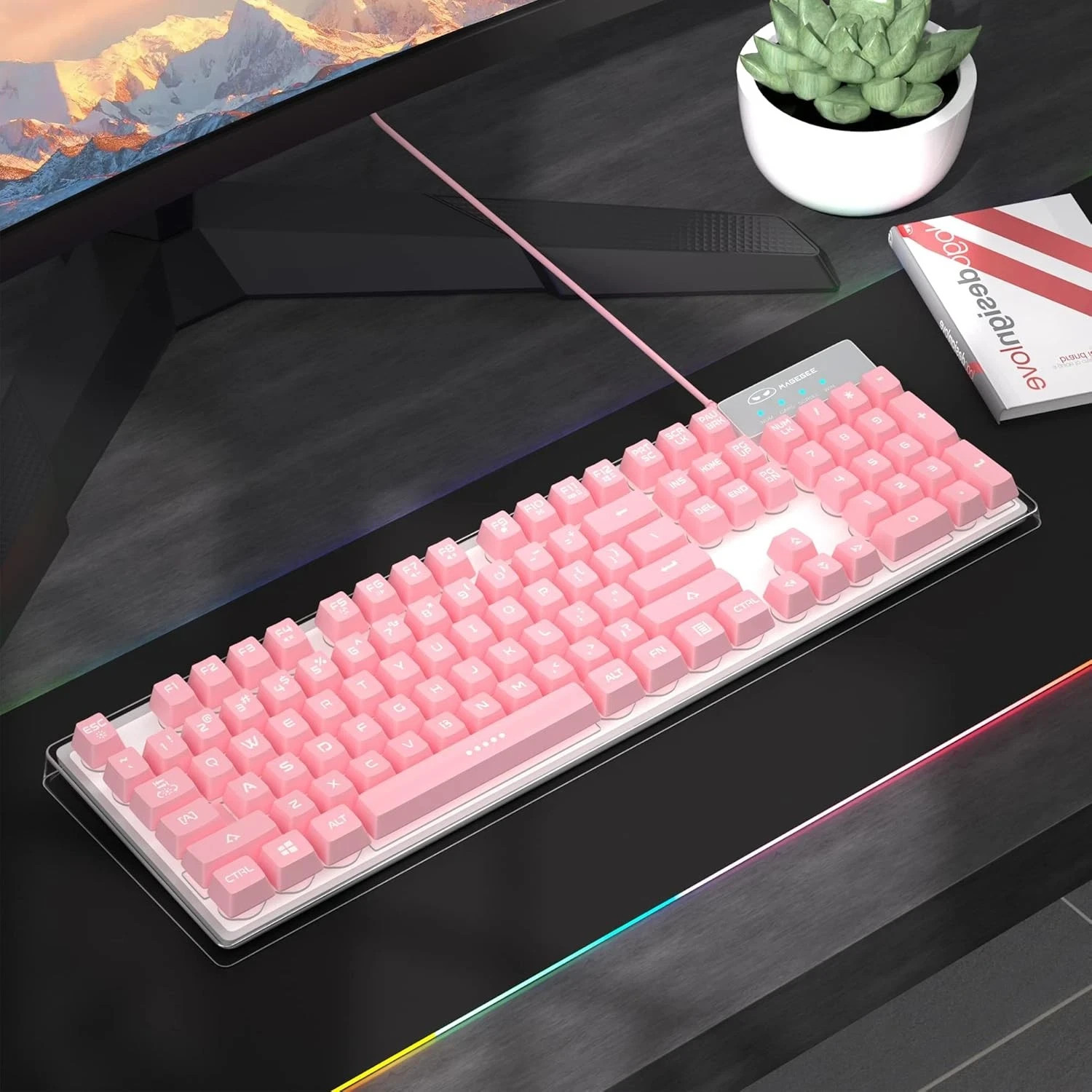 Gaming Keyboard, pink Solid Colors Backlit Wired Keyboard Pink