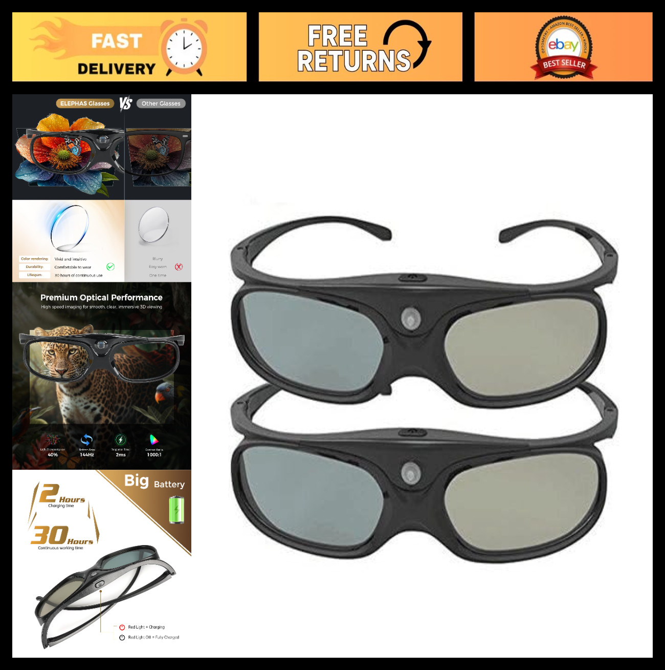 3D DLP Glasses, 144Hz Active Shutter, Rechargeable, 30H Use, 2 Pack - Projector