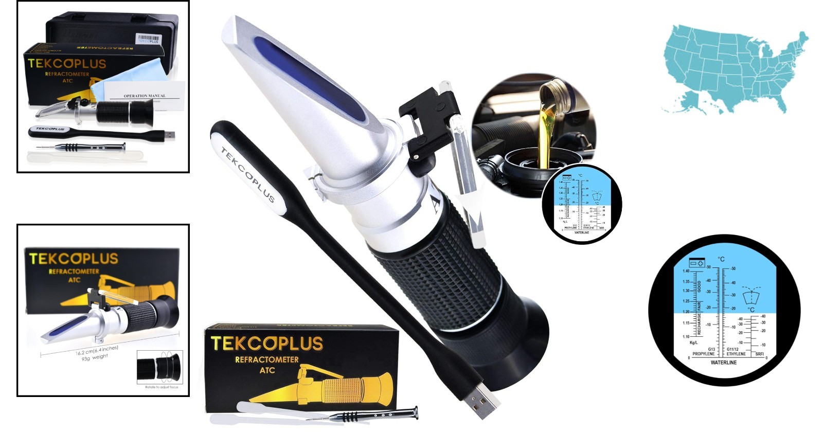 Precision Antifreeze Refractometer with Large Scale & USB LED Light for Testing