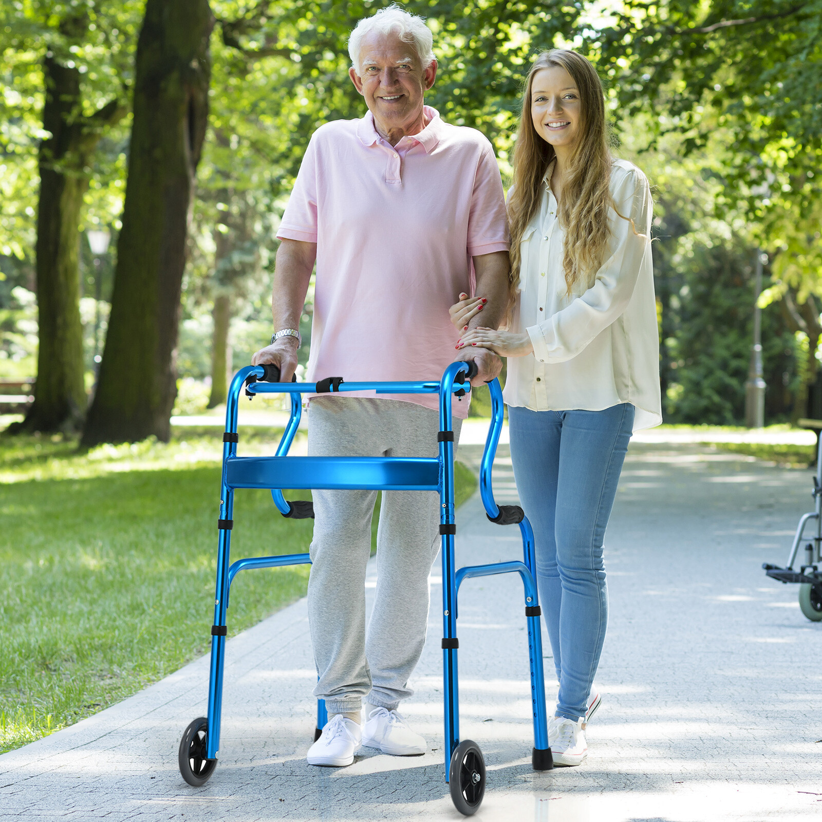 Goplus Heavy-Duty Folding 3 in 1 Stand-Assist Walker Aluminum Alloy W/Wheel Blue