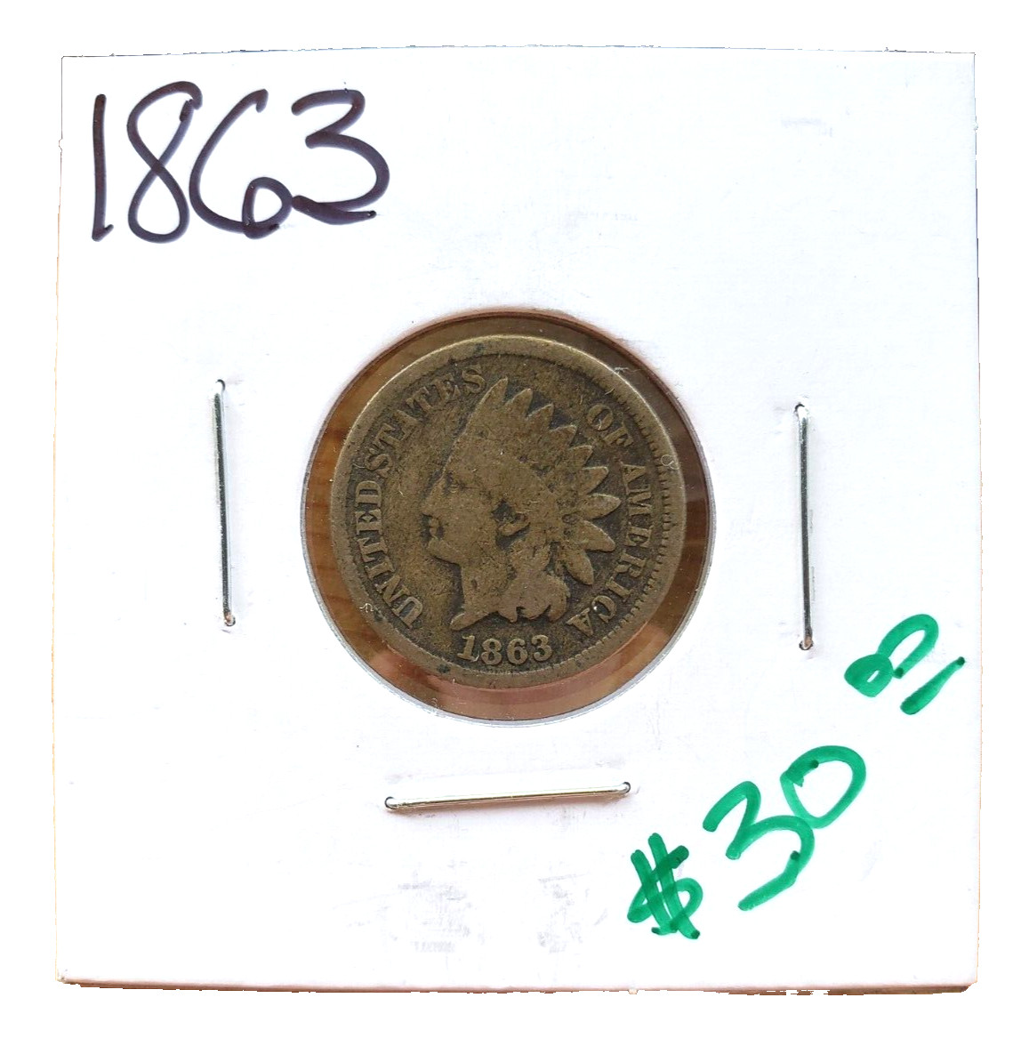 1863 Indian Head Cent 1c - Circulated in 2x2 holder.  Free Shipping
