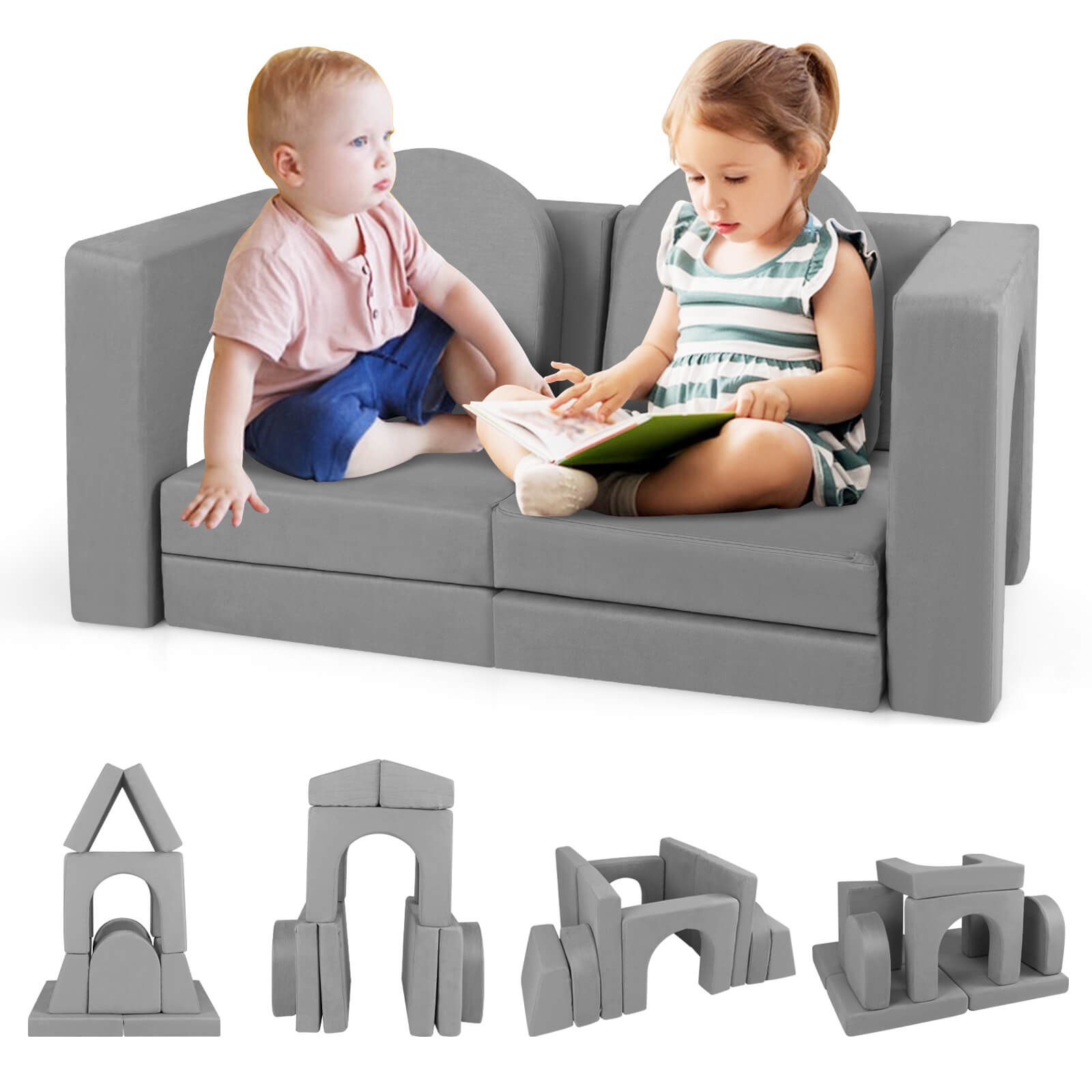 8 PCS Modular Kids Play Couch Sofa w/  Suede Fabric Cover High-Density Foam