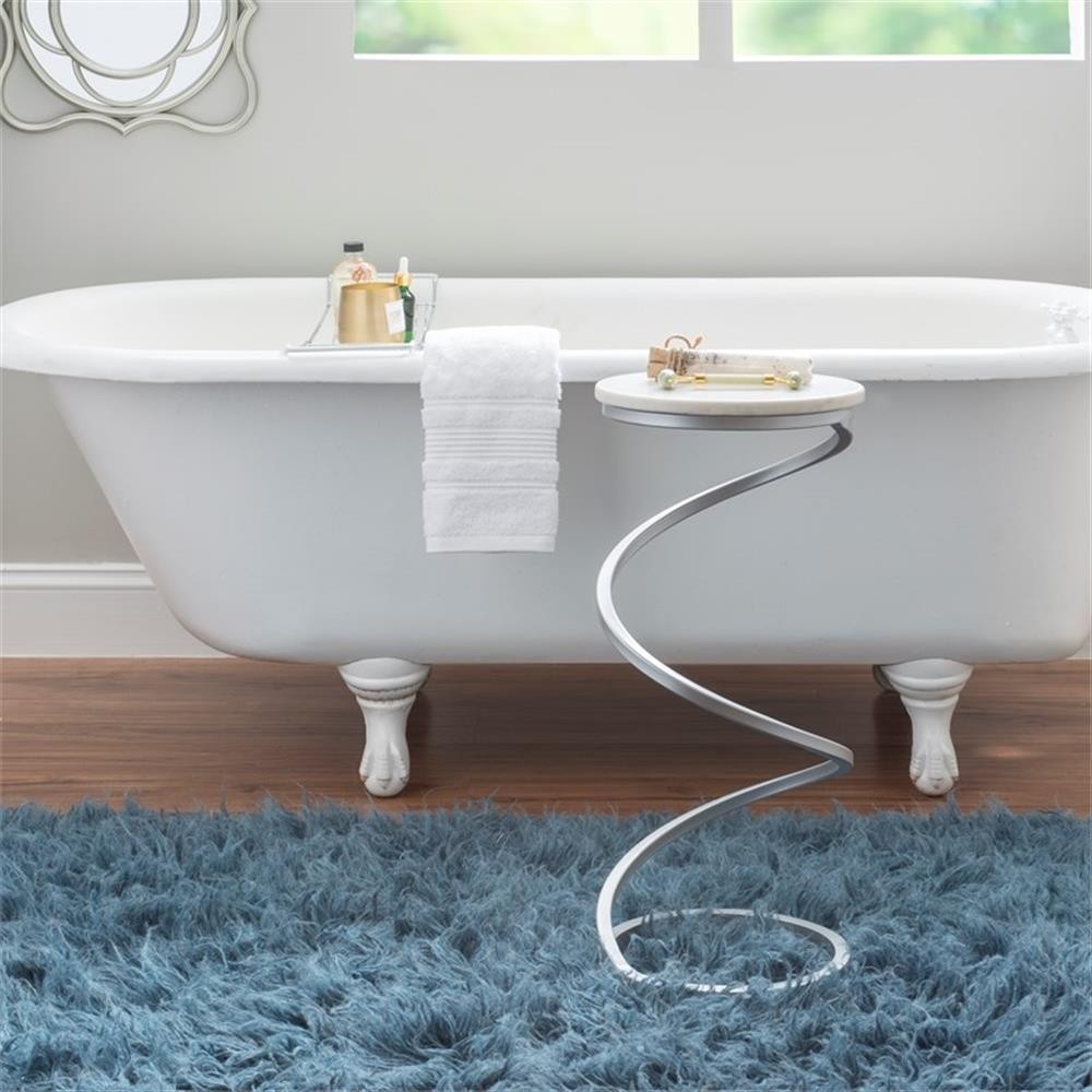 Linon Atlee White Marble 10.5" Round Drink Table with Iron Spiral Base in Silver