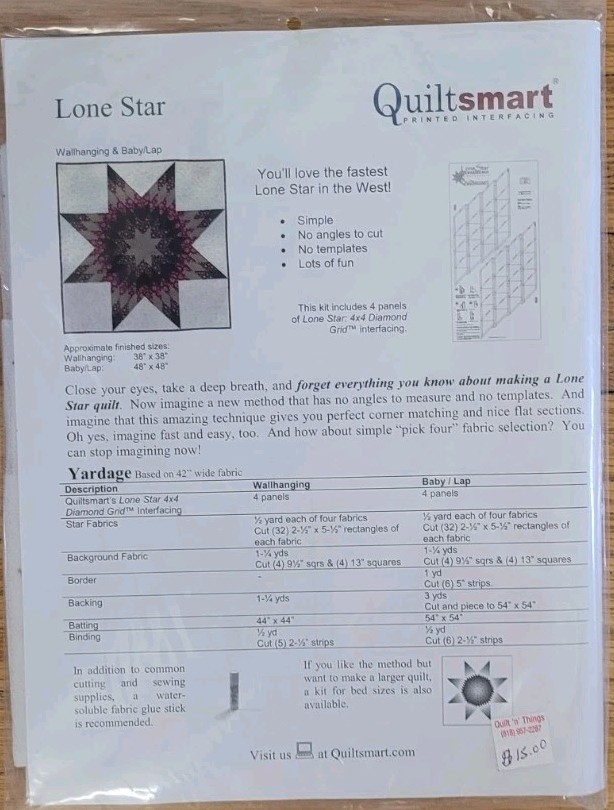 QUILTSMART Printed Interfacing LONE STAR 4X4 DIAMOND GRID Wall Hanging NIP