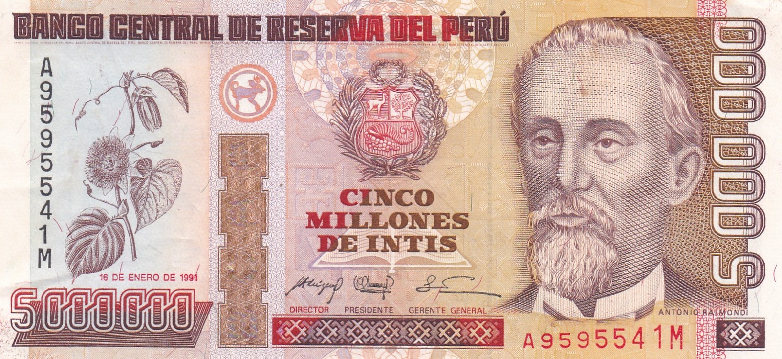 BANK OF PERU 5000000 INTIS 1991 VF p-150