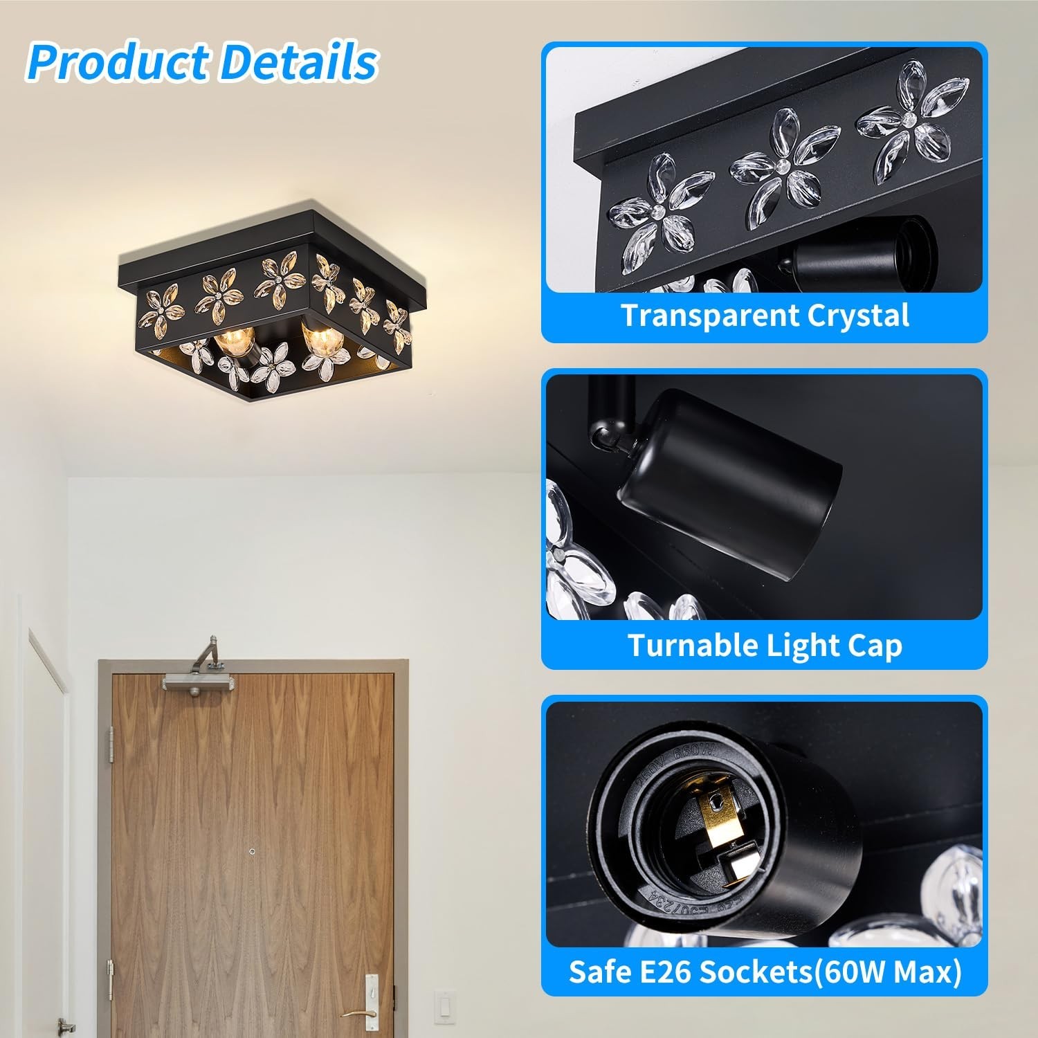 10 Inch Black Flush Mount Ceiling Light Fixtures, 2-Pack | 2-Light, Square, I...