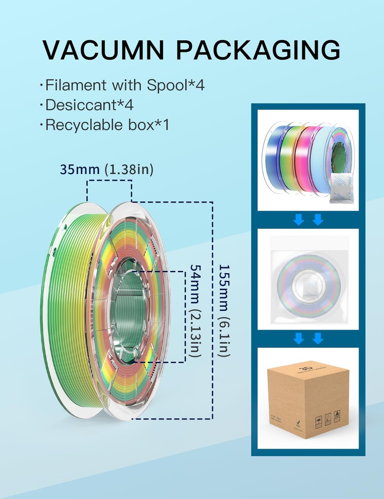 PINBALL Silk & Matte Rainbow PLA 3D Printer Filament 1.75mm, Shiny Multi-Colo...