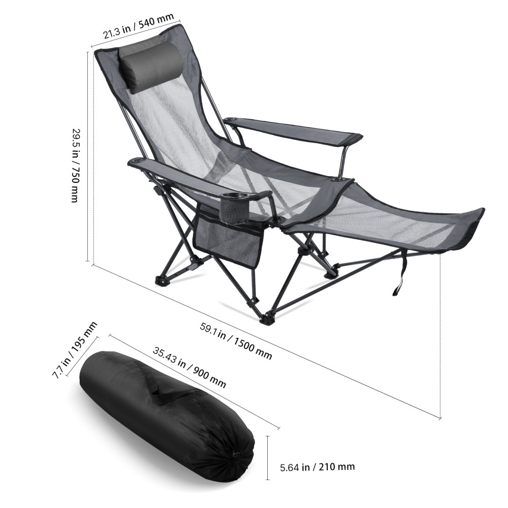 Reclining Folding Camping Chair, 4 Adjustable Positions w/ Headrest & Footrest