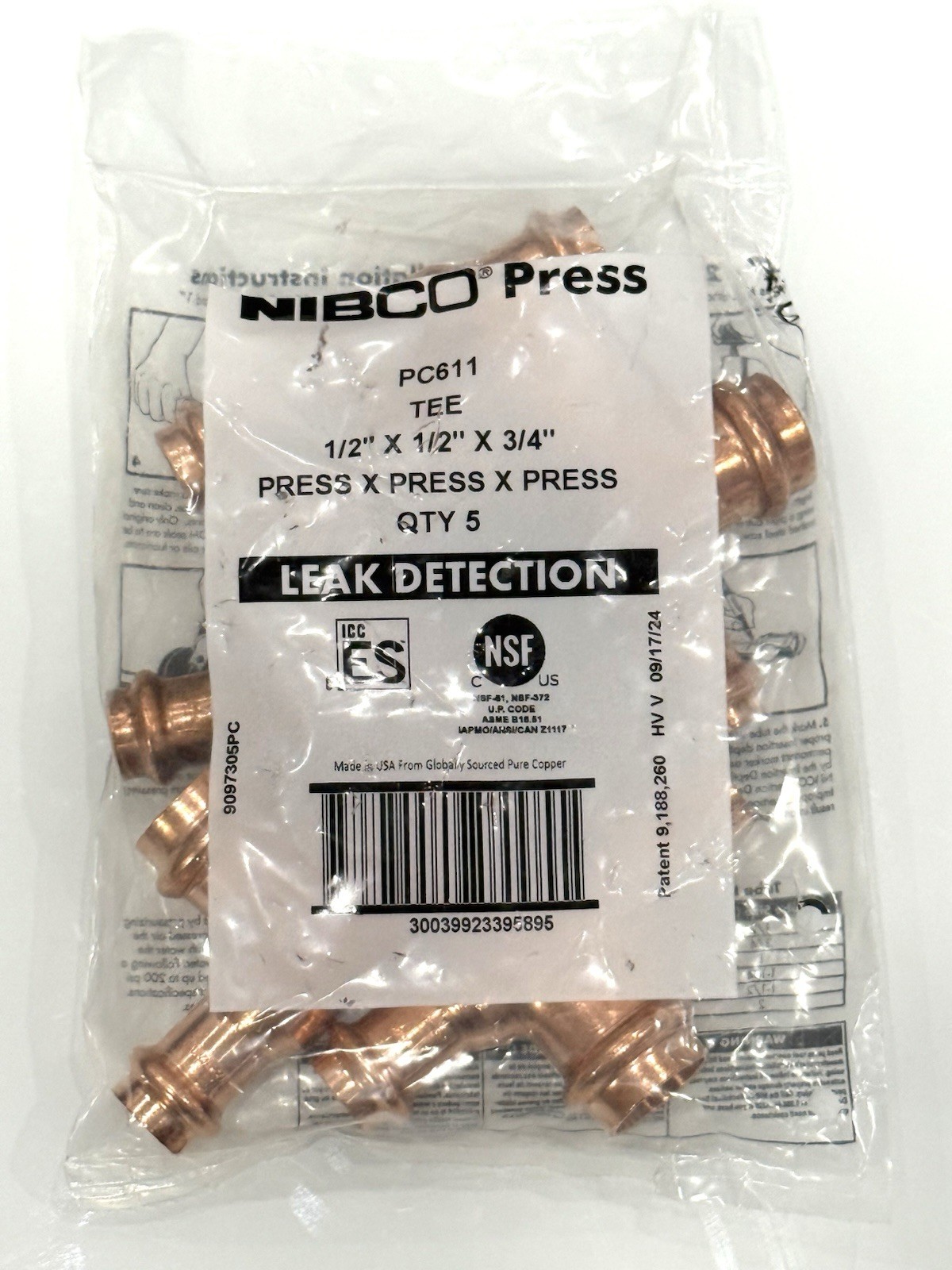 NIBCO PRESS PC611 TEE 1/2 X 1/2 X 3/4 PRESS X PRESS X PRESS QTY 5