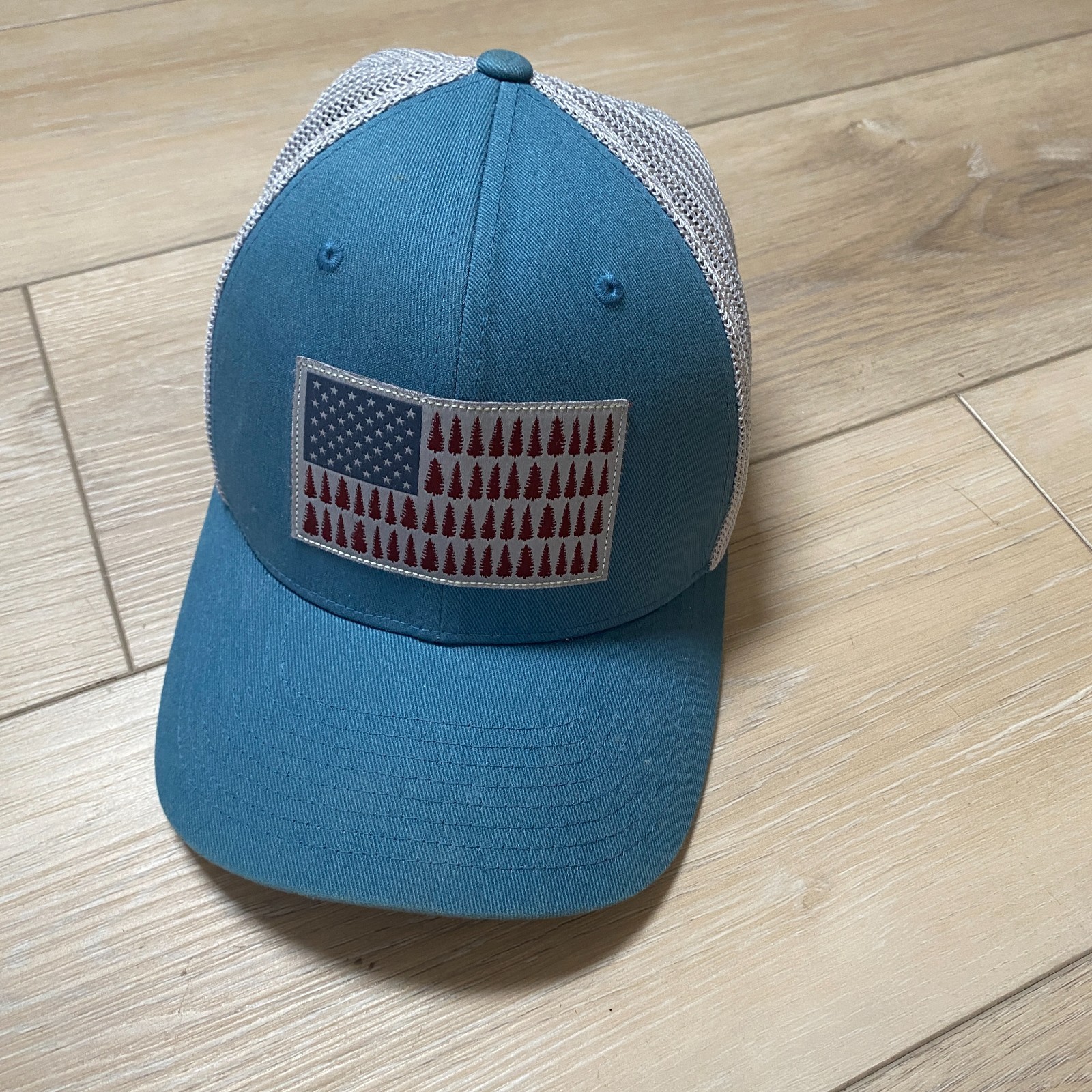 Columbia PFG Hat L/XL Blue Gray Mesh Trucker Cap USA Flag Baseball Hat