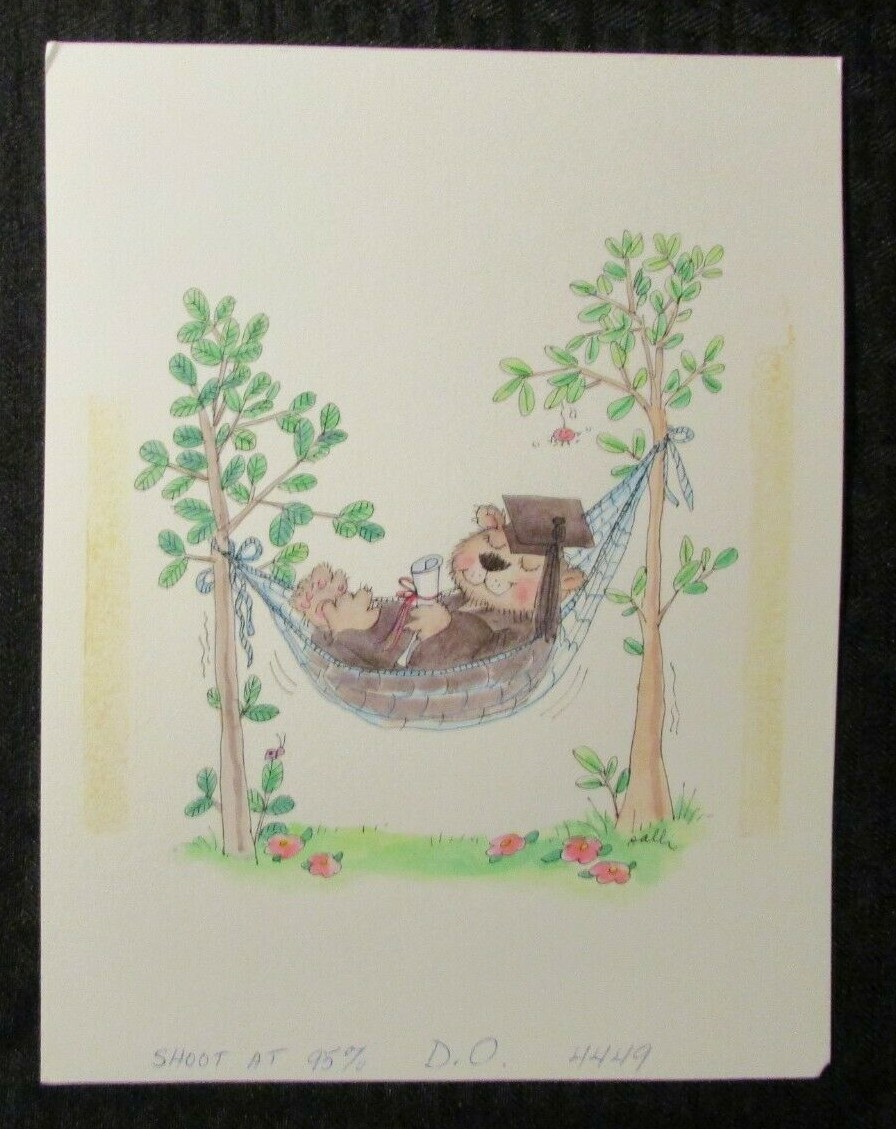 GRADUATION Cartoon Teddy Bear w/ Cap Gown & Diploma 7x9" Greeting Card Art #4449