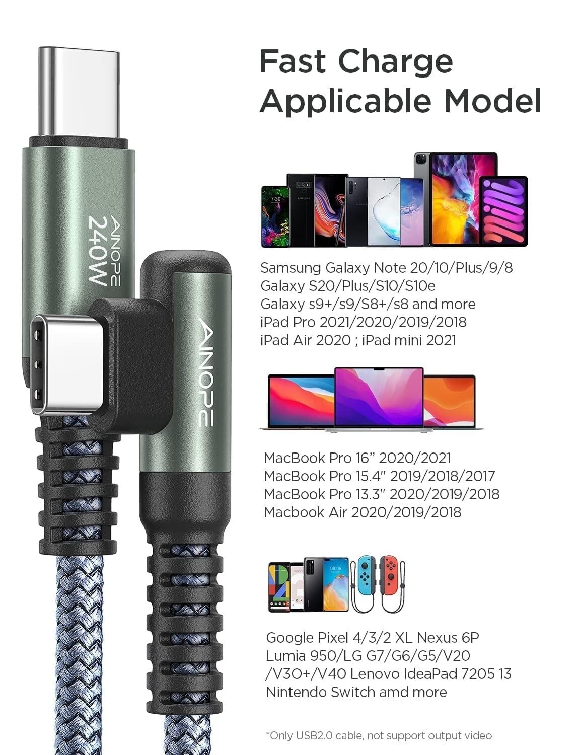 AINOPE 240W USB C to USB C Right Angle Fast Charging Cable