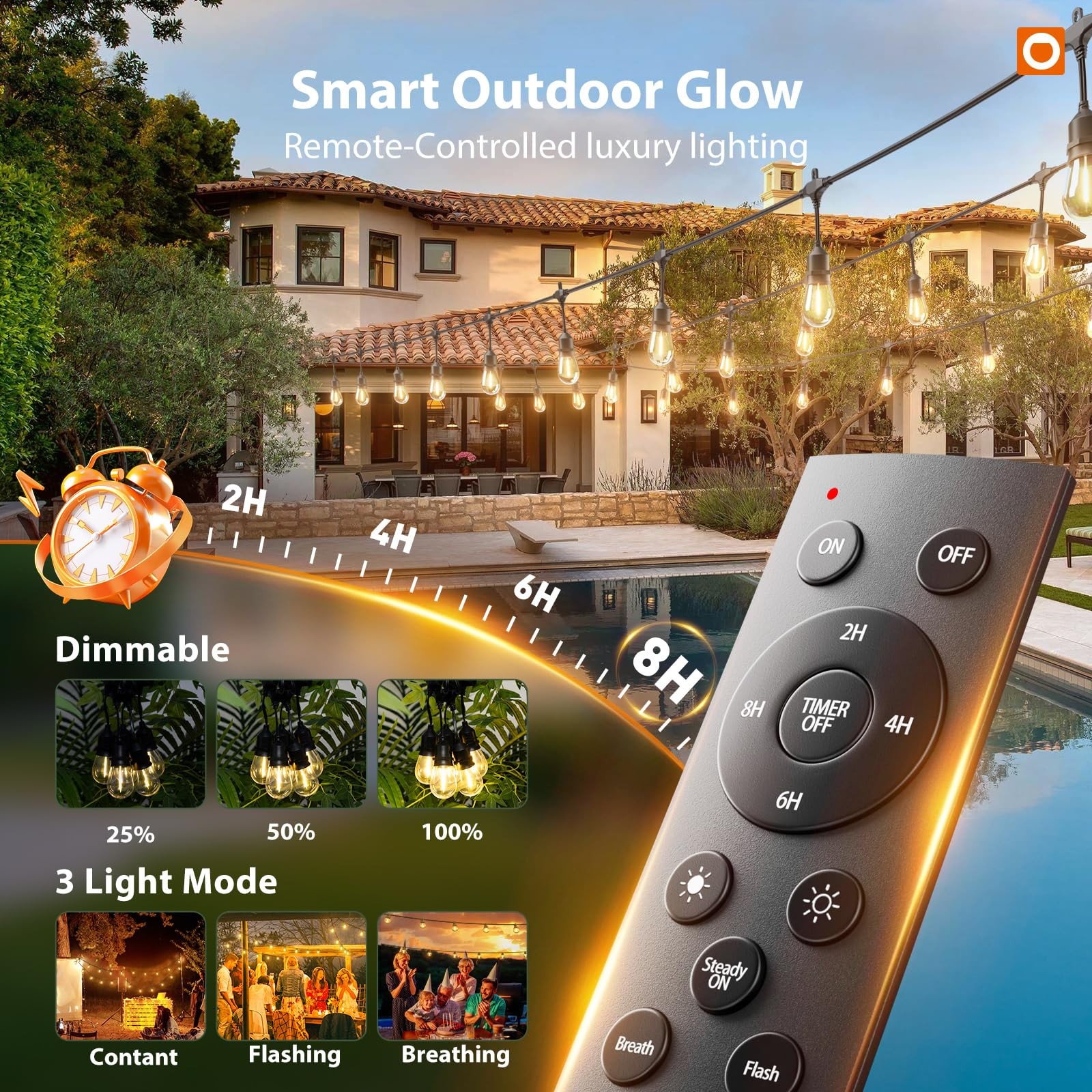 Outdoor String Lights 200FT LED Waterproof Remote Dimmable Edison Bulb addlon