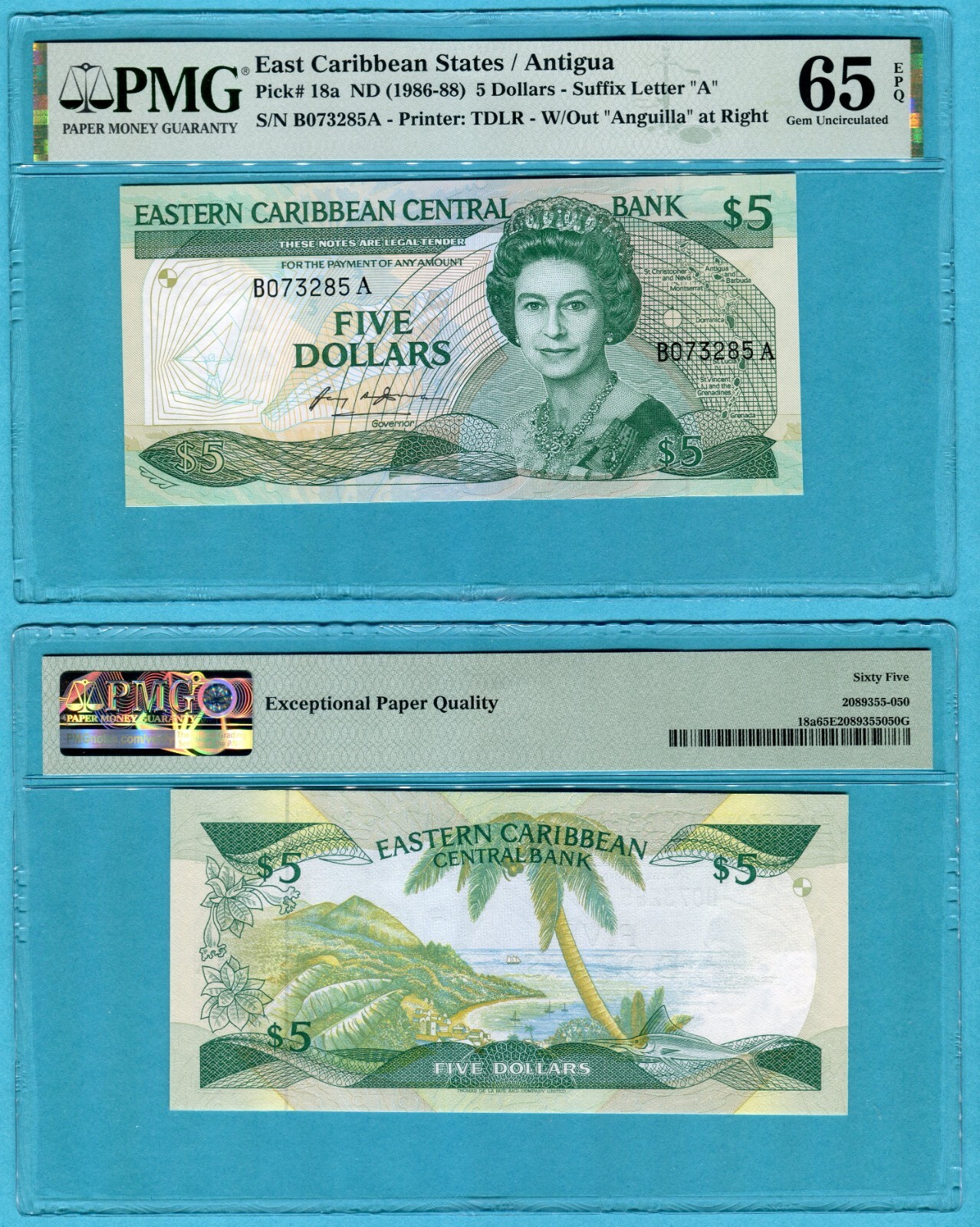East Caribbean 5 Dollars P18a UNC - Antigua / PMG GEM65EPQ