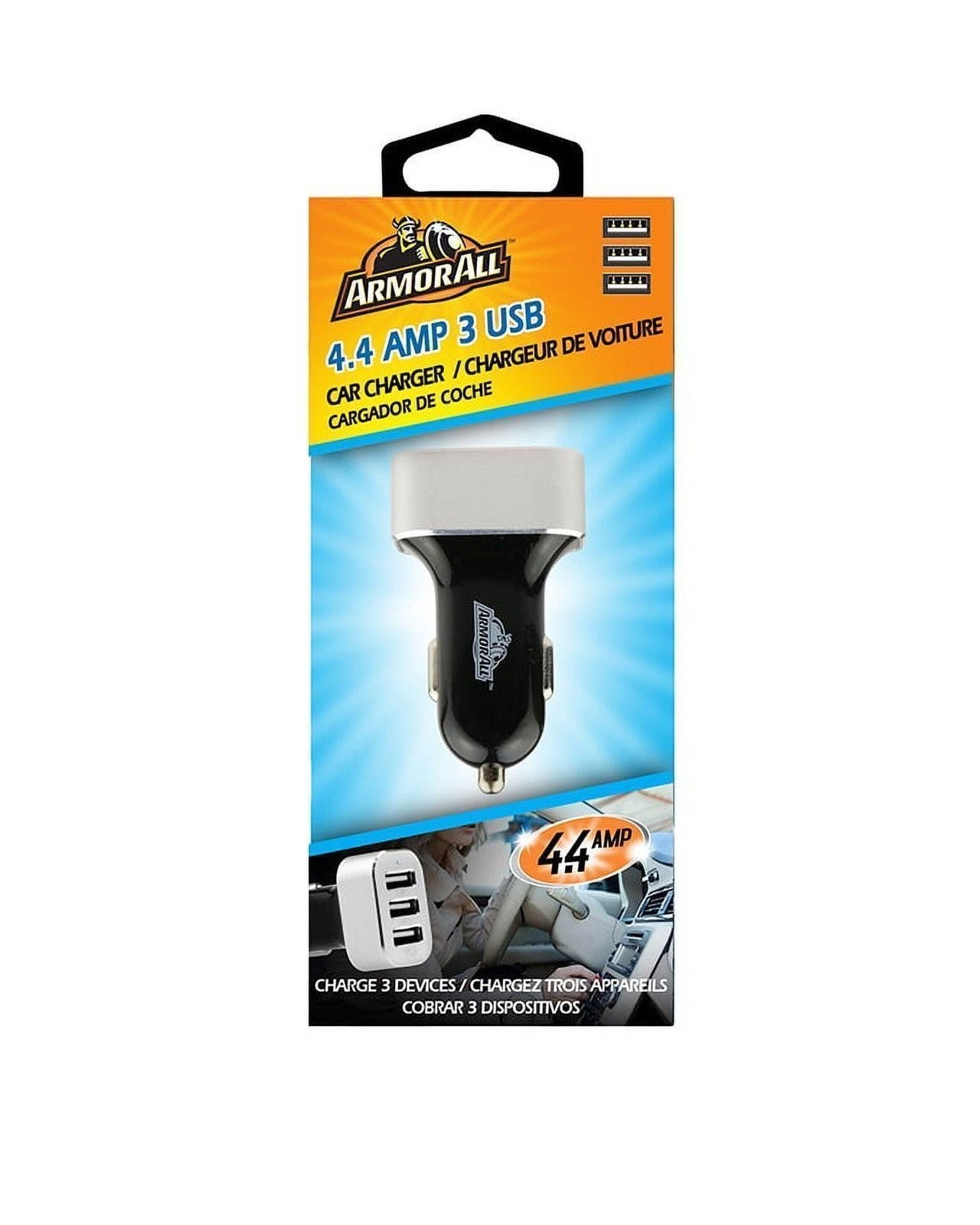 Armor All 3-Port 4.4 Amp Car Charger with Built-In LED Indicator