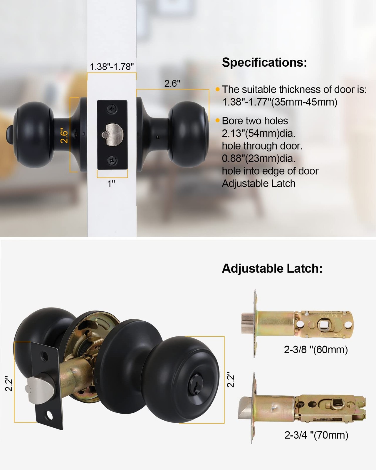(2 Pack) Entry Door Knobs with Lock and Keyed Alike, Interior/Exterior Flat B...