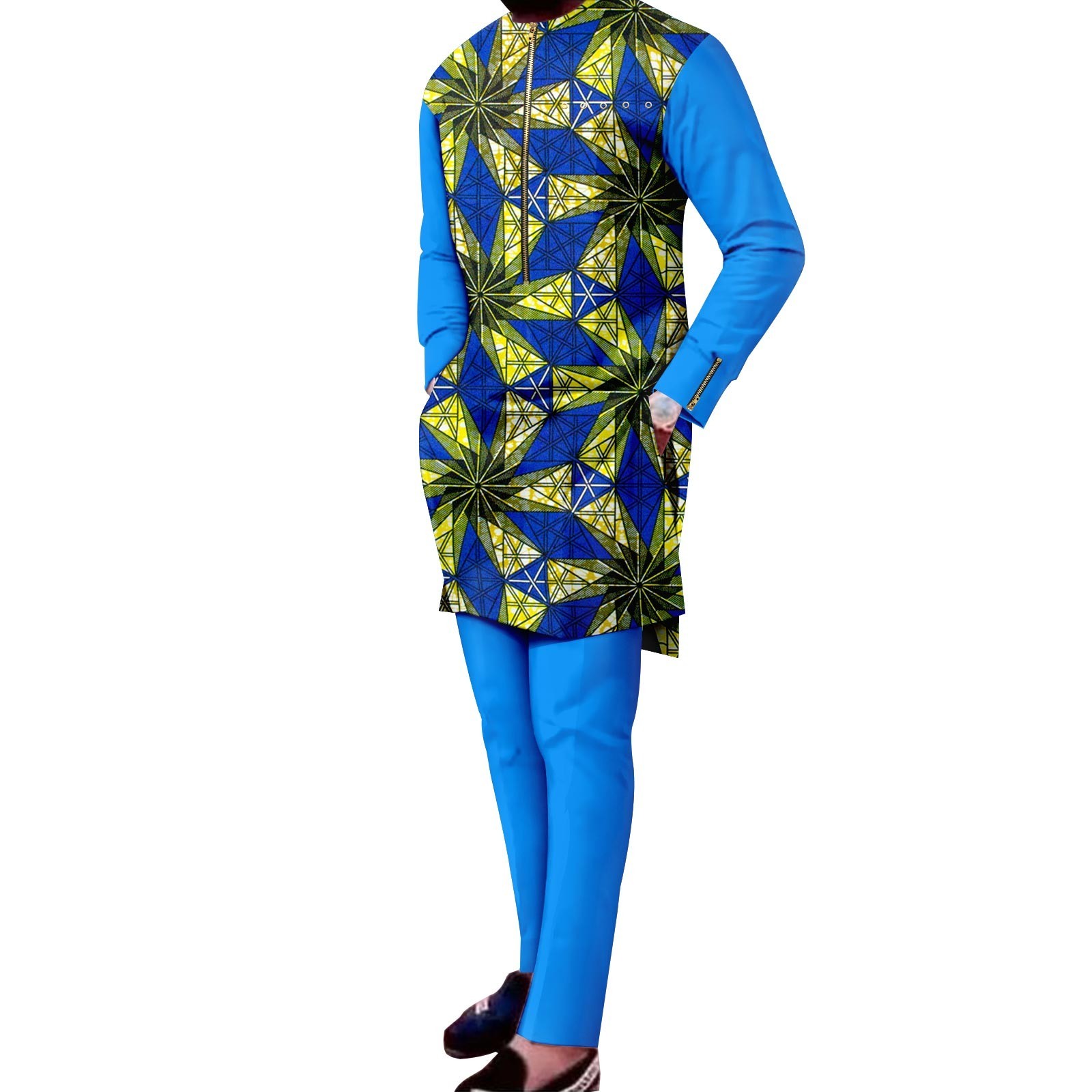 Bazin Riche African Traditional Clothing for Men Print Shirts and Pants 2 Piece